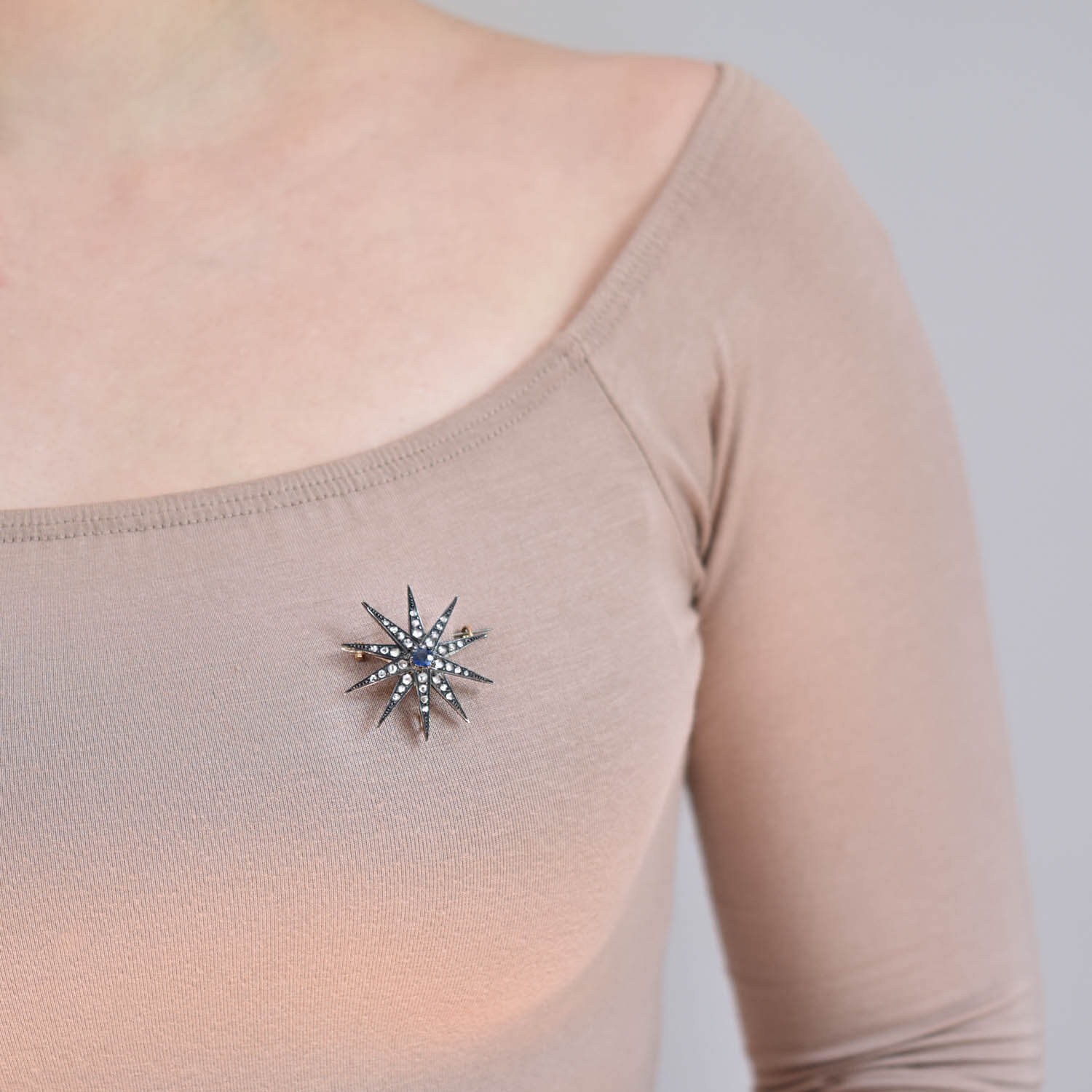 Victorian 14k/Sterling Diamond + Sapphire Starburst Pin - Image 4