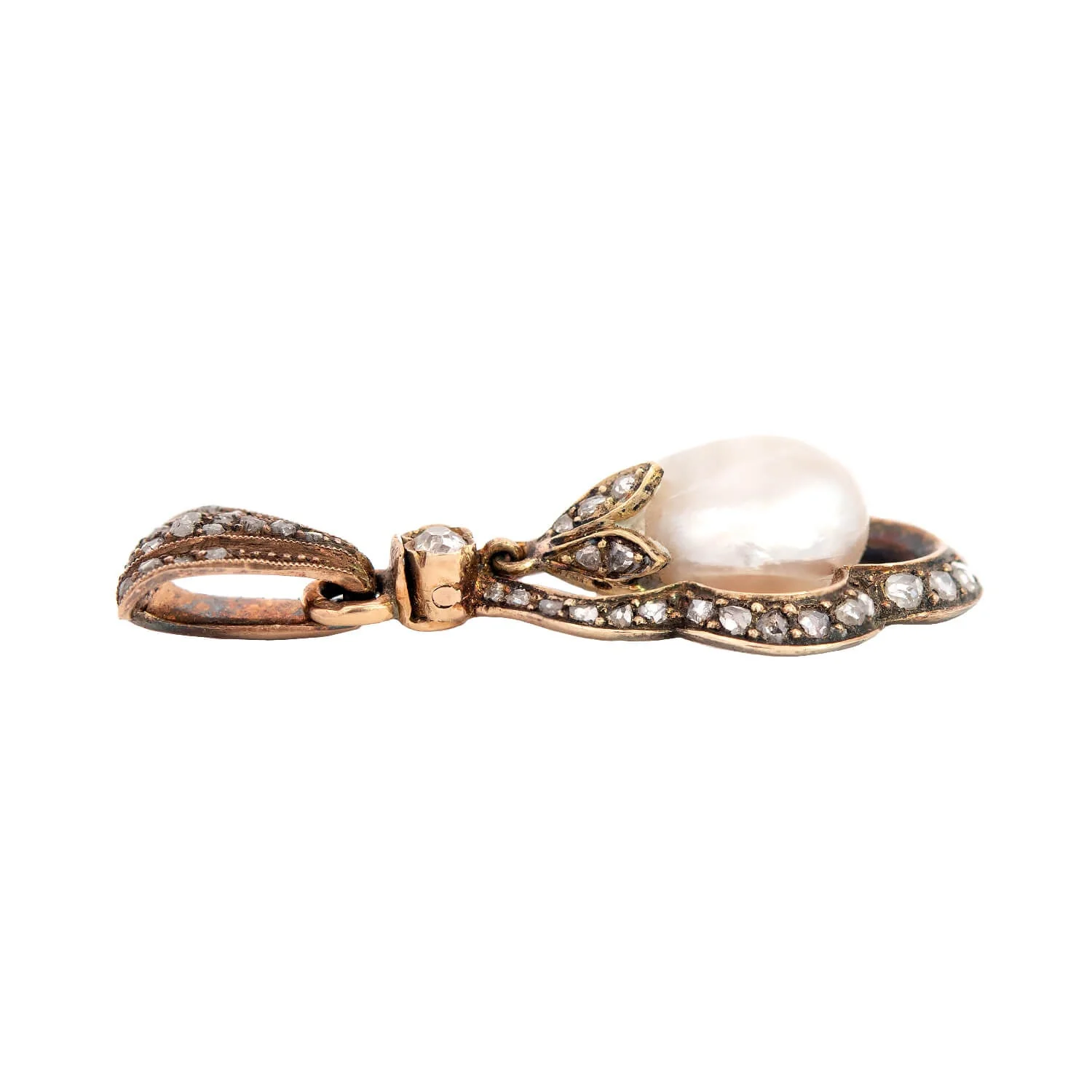 Victorian 14k + Sterling Natural Pearl + Rose Cut Diamond Pendant - Image 2