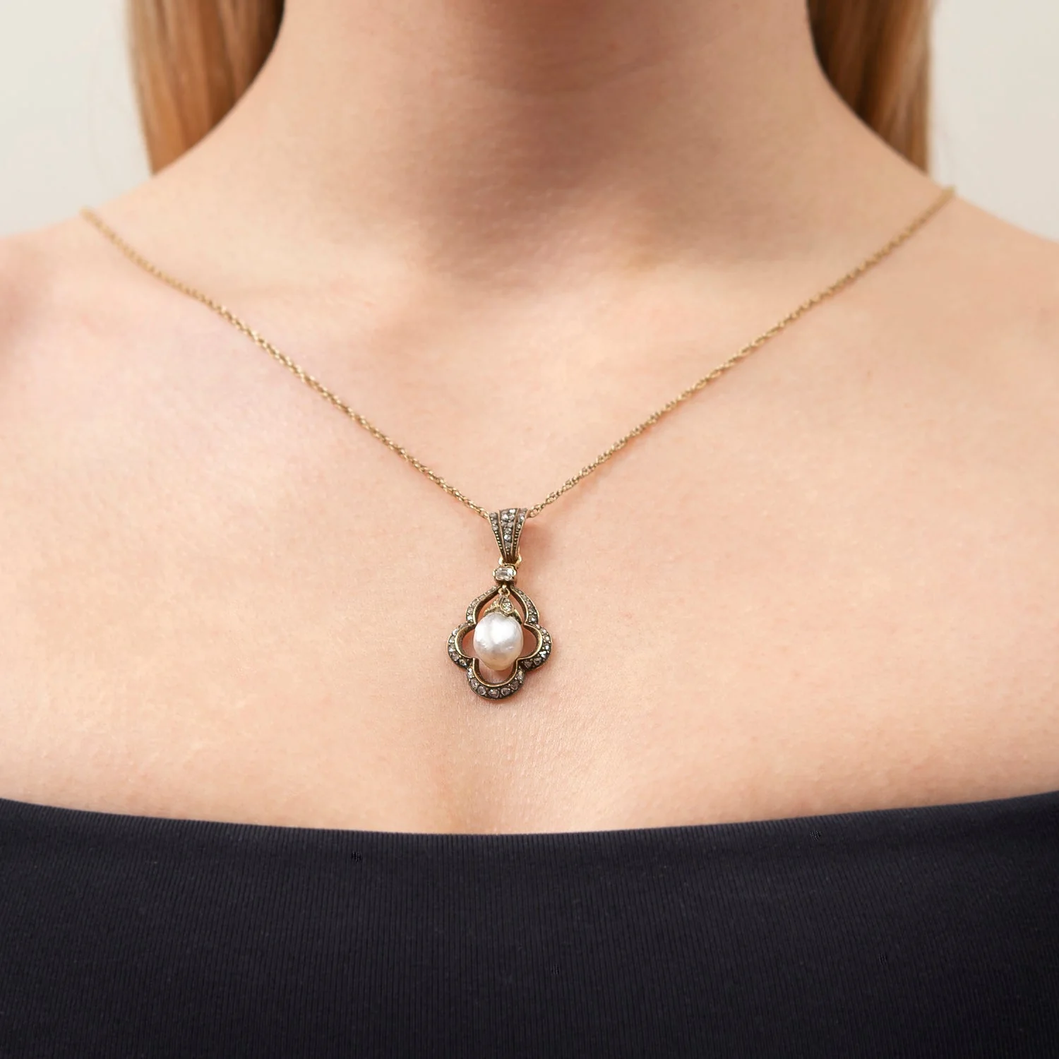 Victorian 14k + Sterling Natural Pearl + Rose Cut Diamond Pendant - Image 6