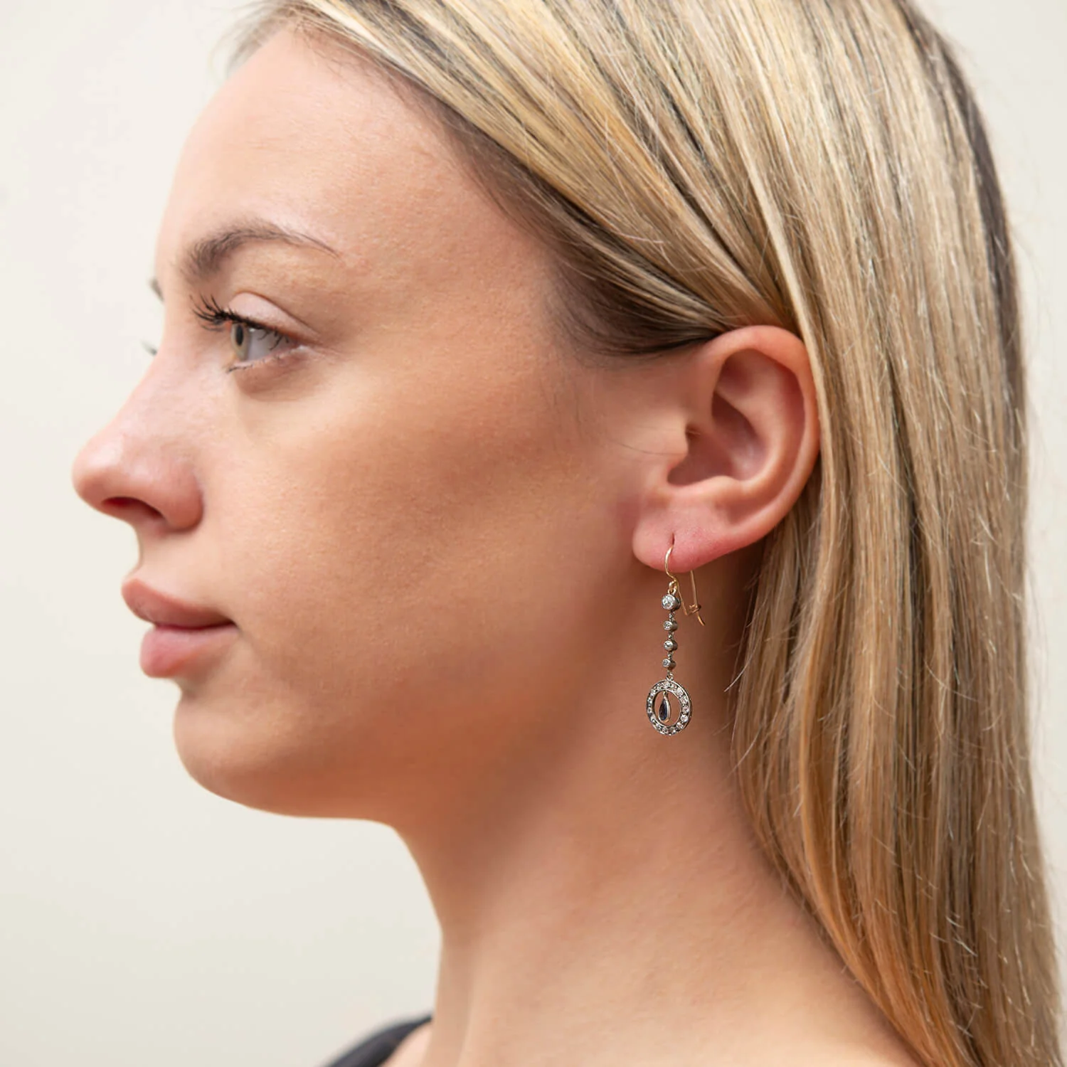 Victorian 14k/Sterling Sapphire & Diamond Dangle Earrings - Image 4