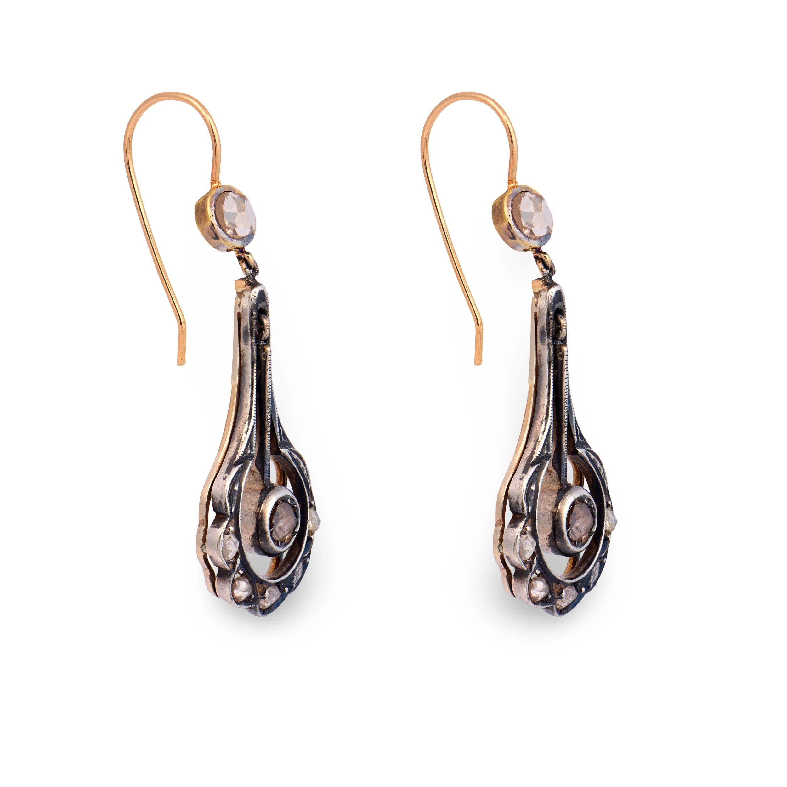 Victorian 14k/Sterling Silver Diamond Drop Earrings - Image 2