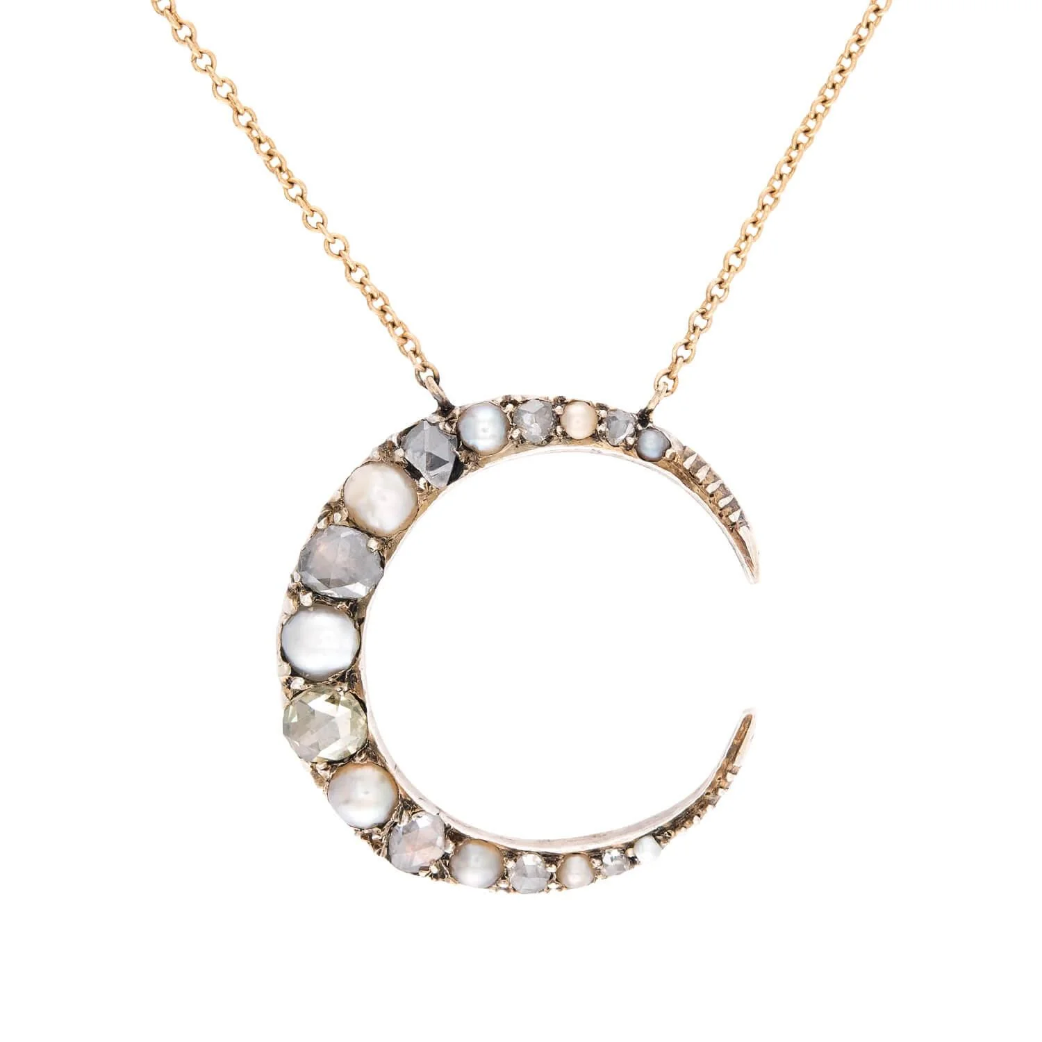 Victorian 14k/Sterling Silver Diamond & Pearl Crescent Pendant Necklace