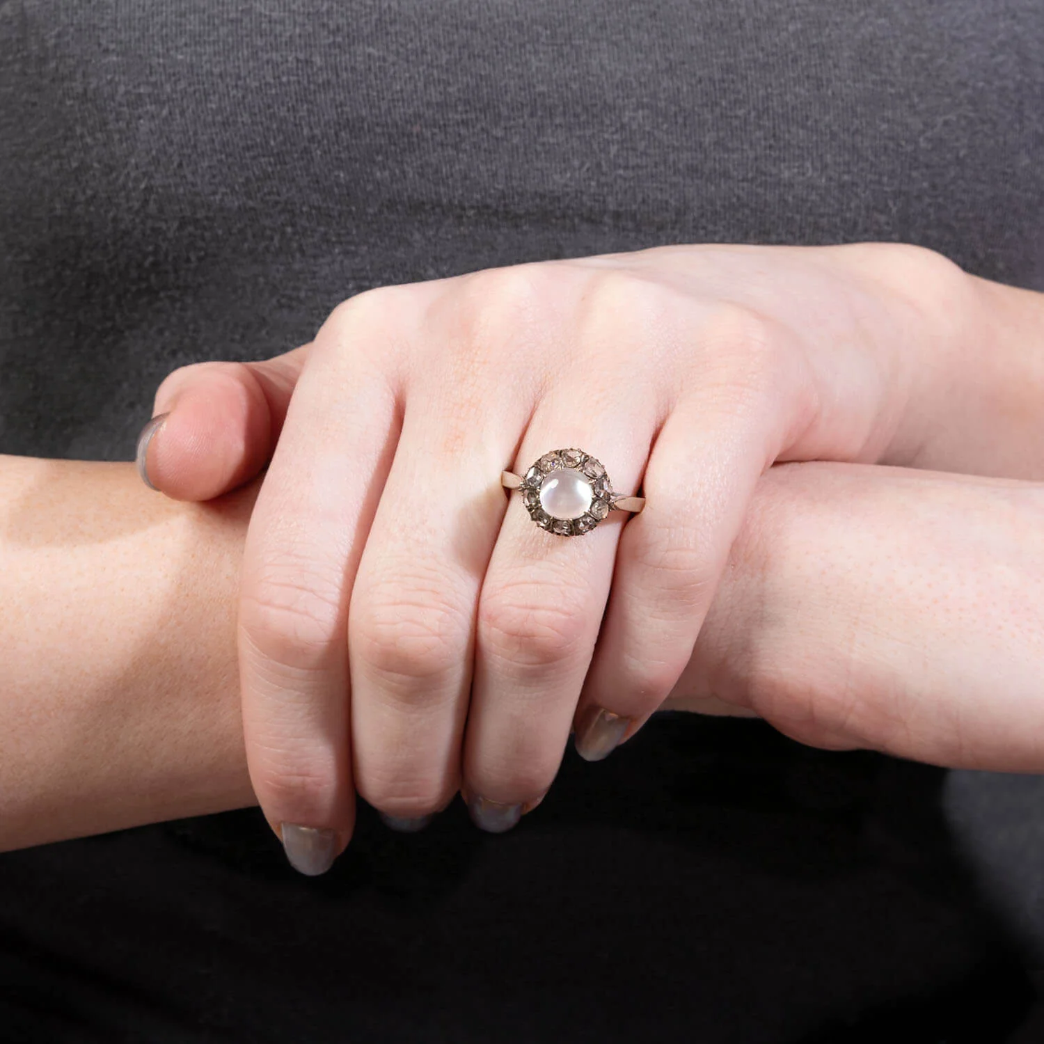 Victorian 14k/Sterling Silver Moonstone and Diamond Halo Ring - Image 7