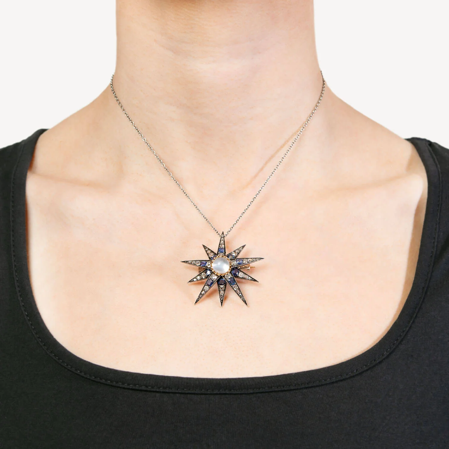 Victorian 14k/Sterling Silver Moonstone, Diamond & Sapphire Star Pendant Pin - Image 4