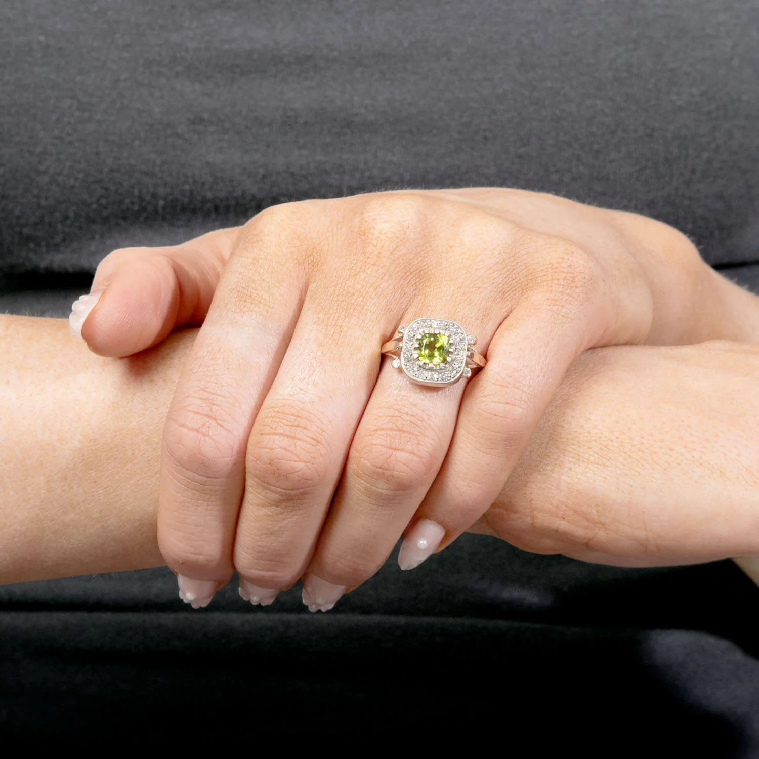 Victorian 14k/Sterling Silver Peridot and Diamond Halo Ring - Image 6