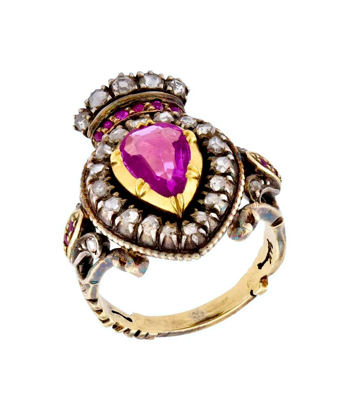 Victorian 14k/Sterling Silver Ruby & Diamond Crown Ring - Image 2