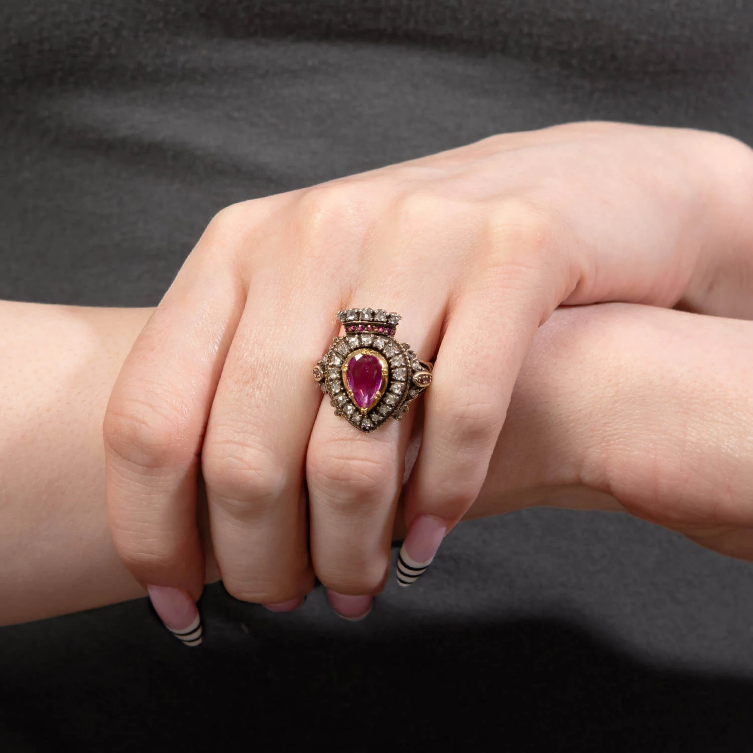 Victorian 14k/Sterling Silver Ruby & Diamond Crown Ring - Image 7