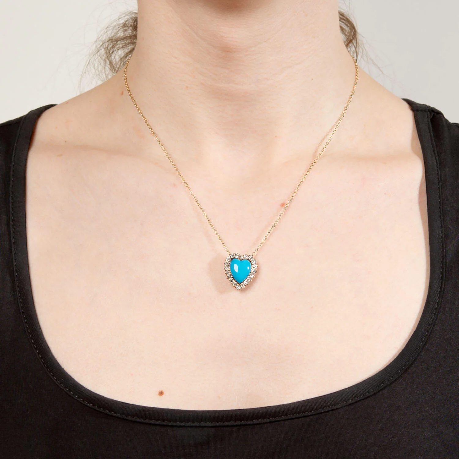 Victorian 14k Turquoise and Diamond Heart Halo Necklace - Image 6
