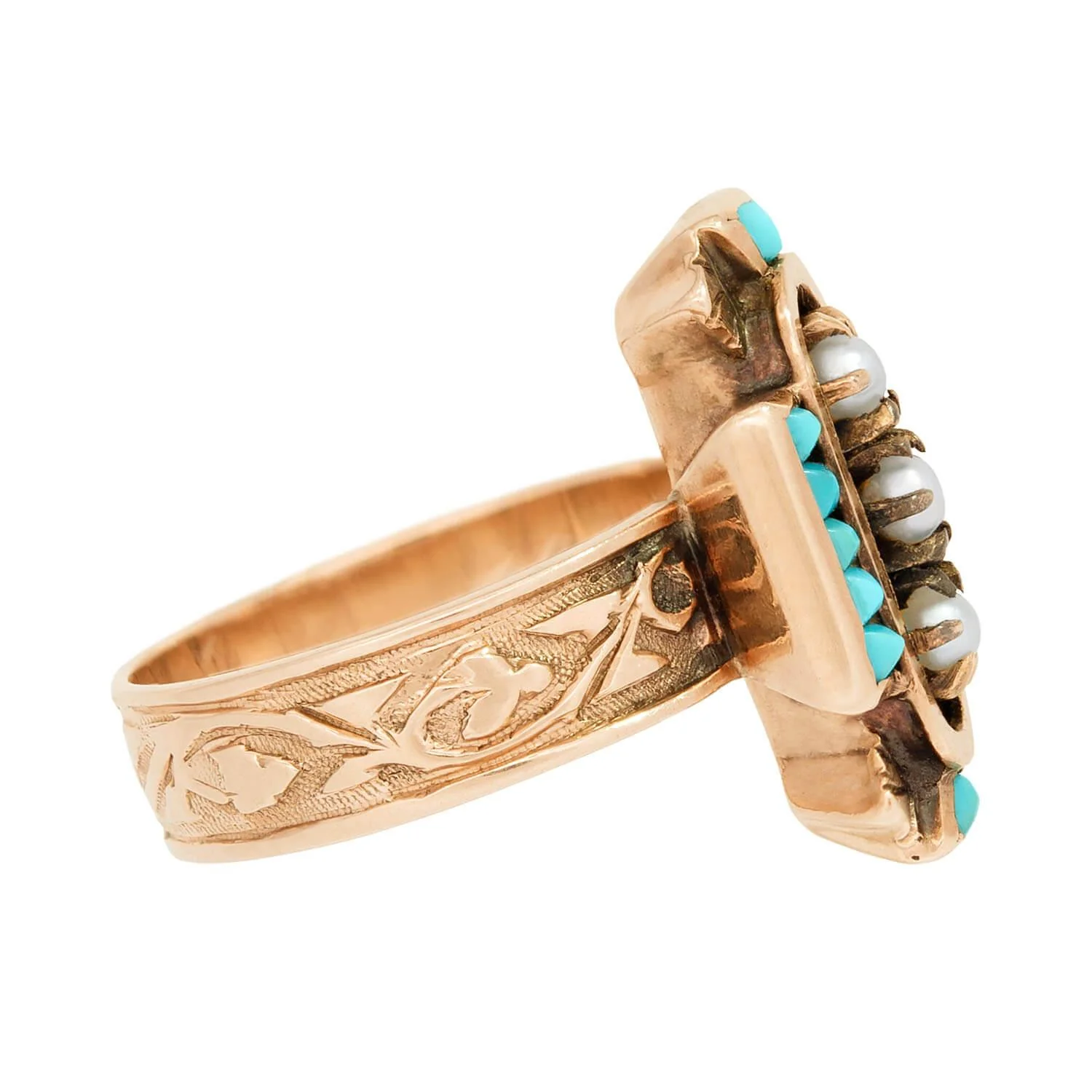Victorian 14k Turquoise and Pearl Navette Ring - Image 3