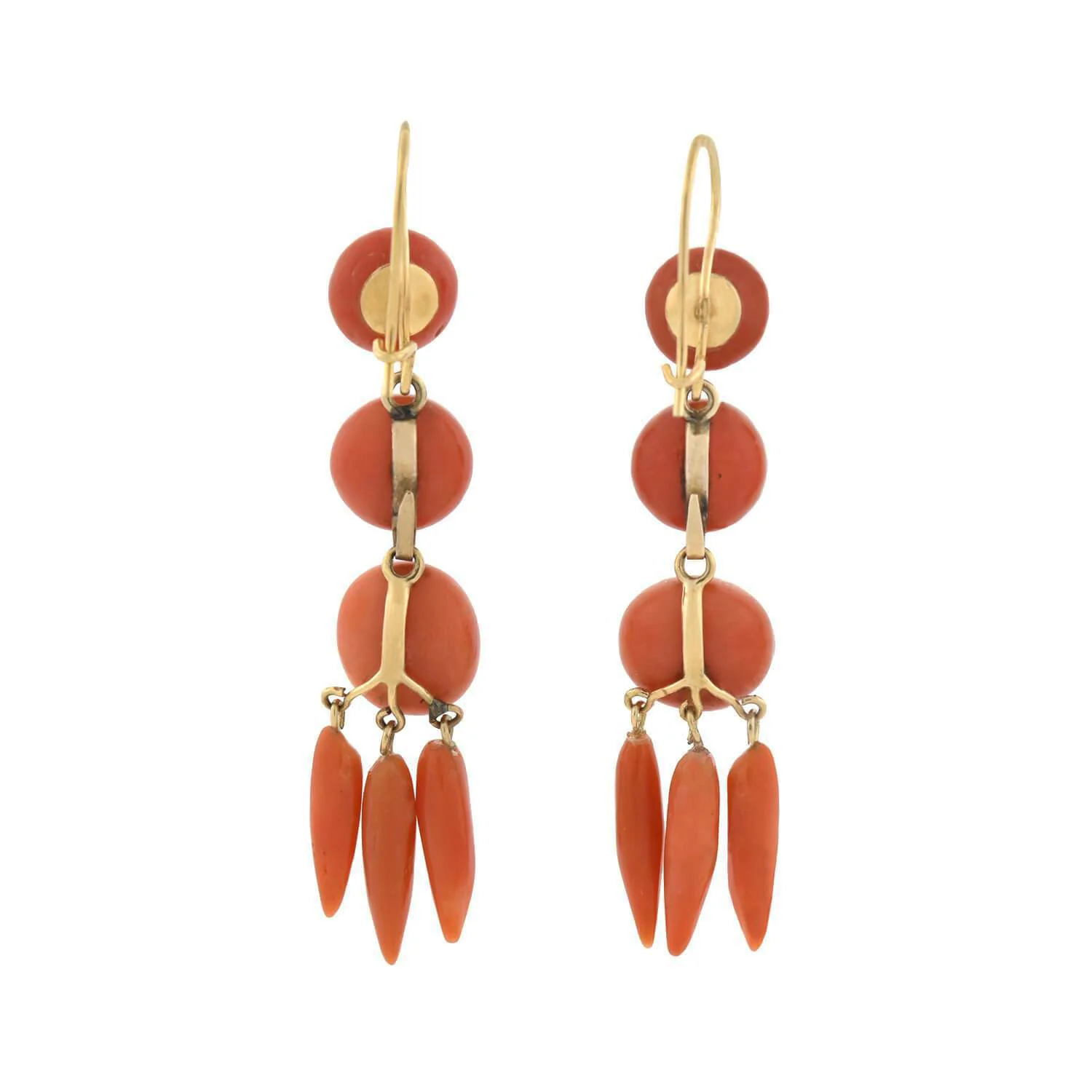 Victorian 14kt Carved Natural Coral Dangling Earrings - Image 5