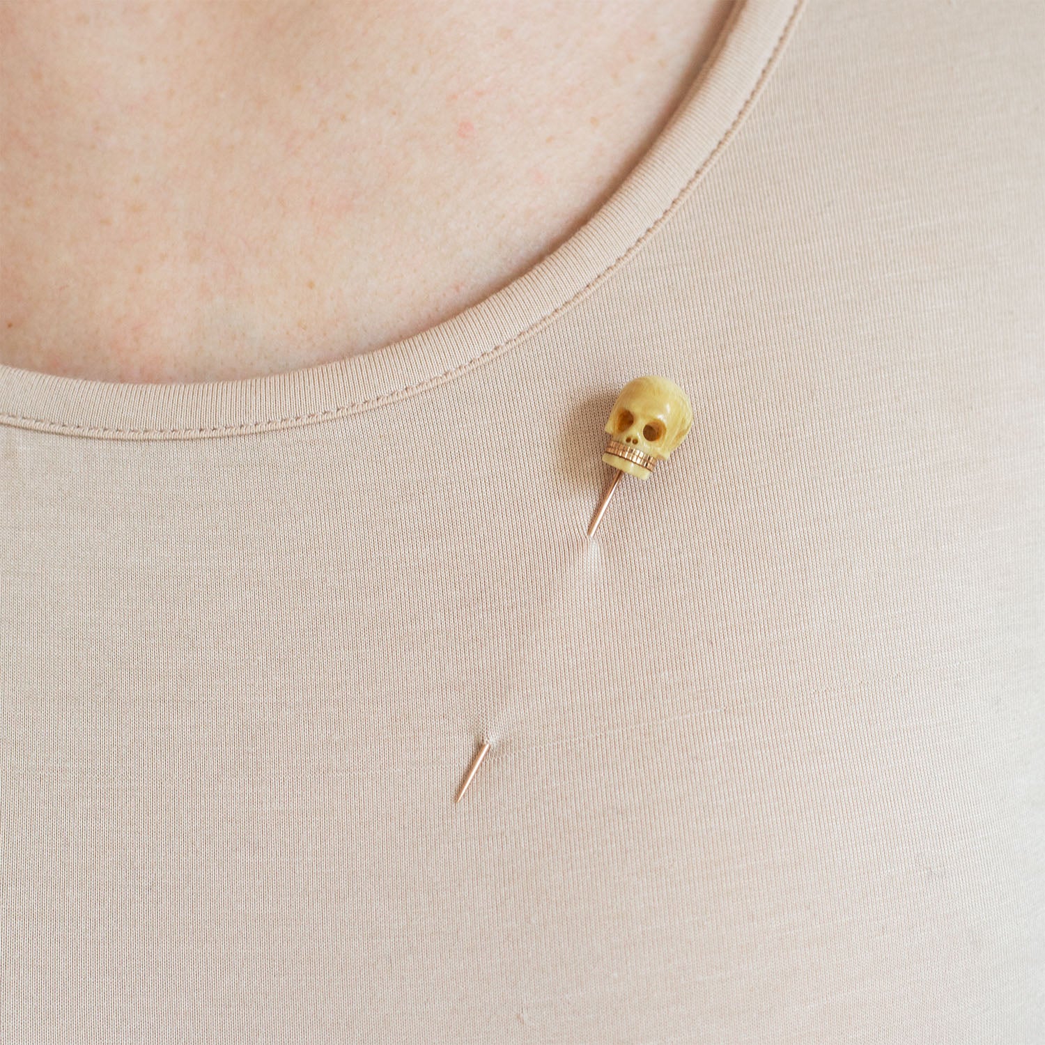 Victorian 14kt Hand Carved Ivory Skull Stickpin with Gold Teeth - Image 6