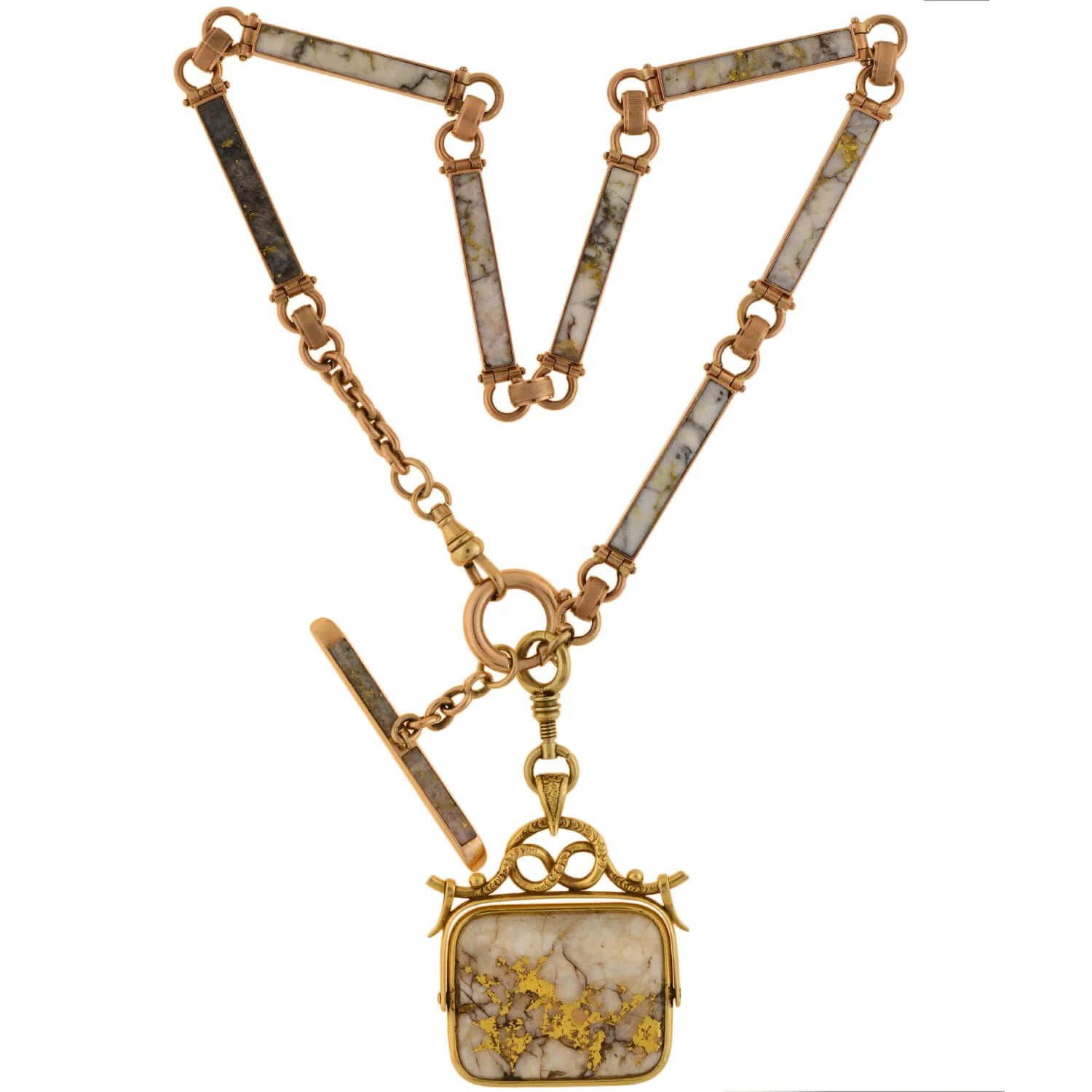 Victorian 14kt Inlaid Gold Quartz Watch Chain + Matching Spinner Fob - Image 2