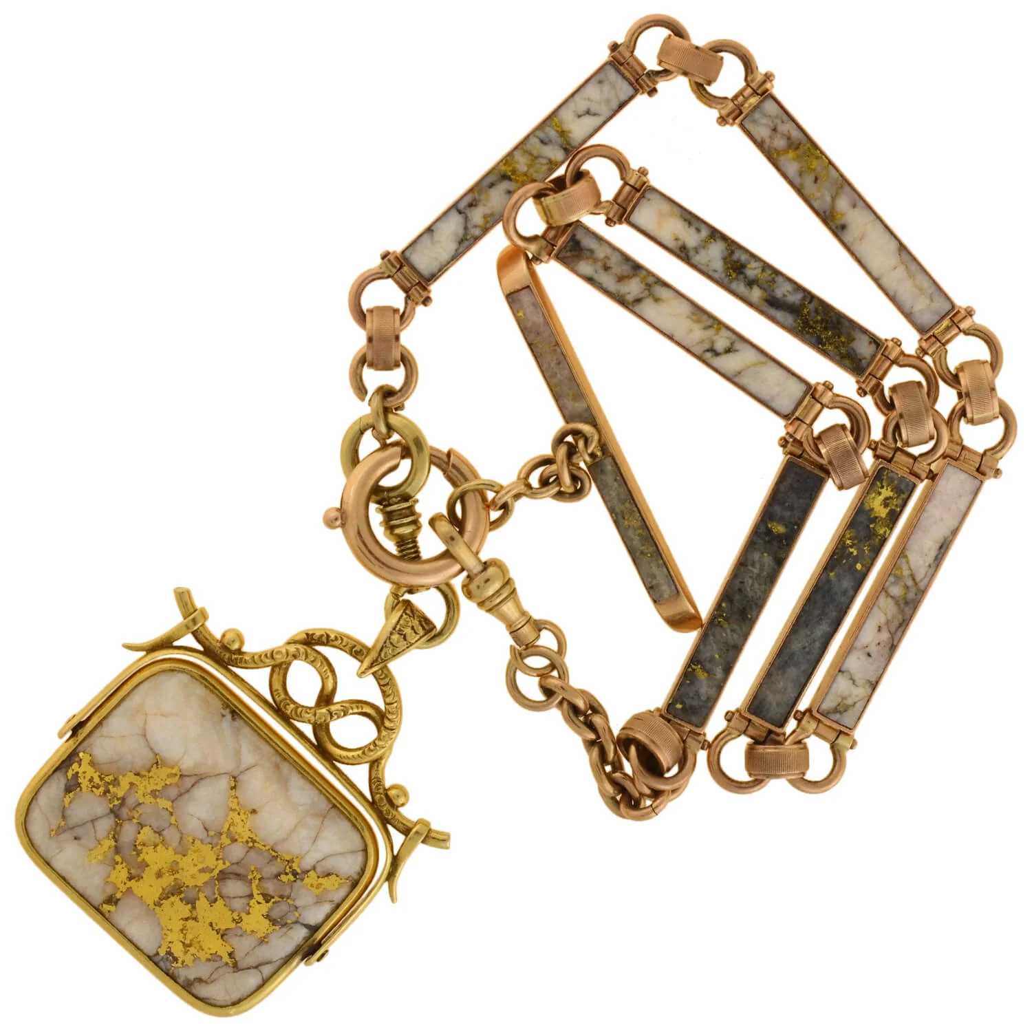 Victorian 14kt Inlaid Gold Quartz Watch Chain + Matching Spinner Fob - Image 7