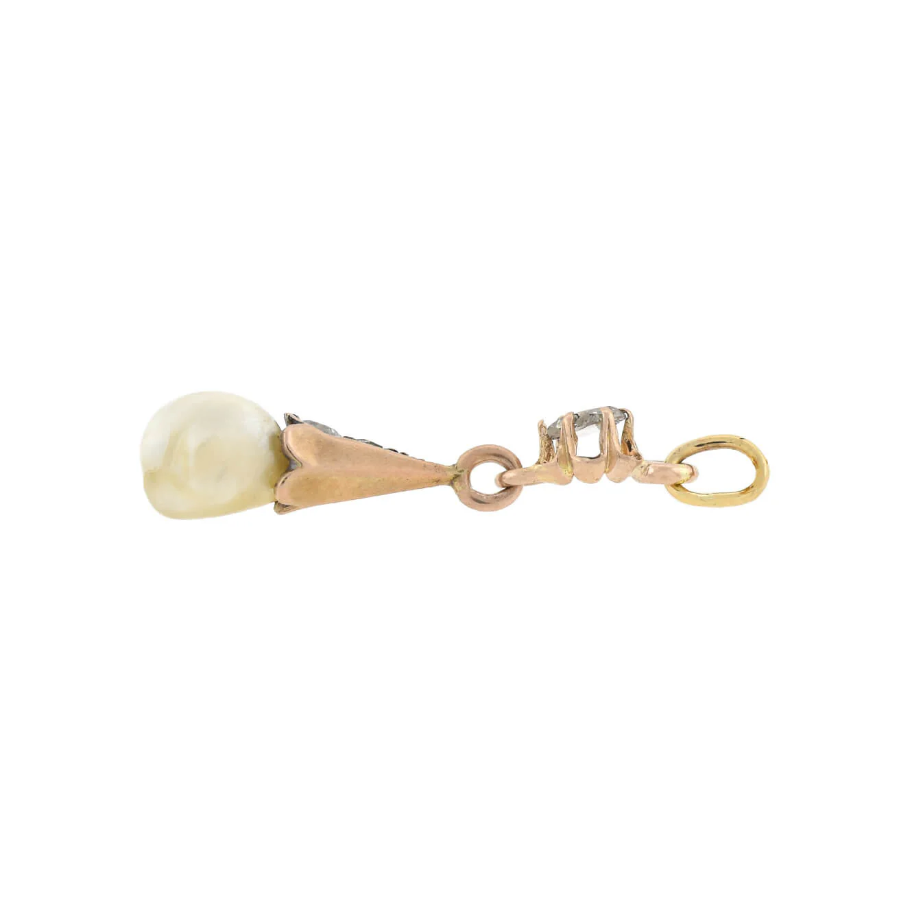 Victorian 14kt Rose Cut Diamond + Natural Pearl Pendant - Image 3