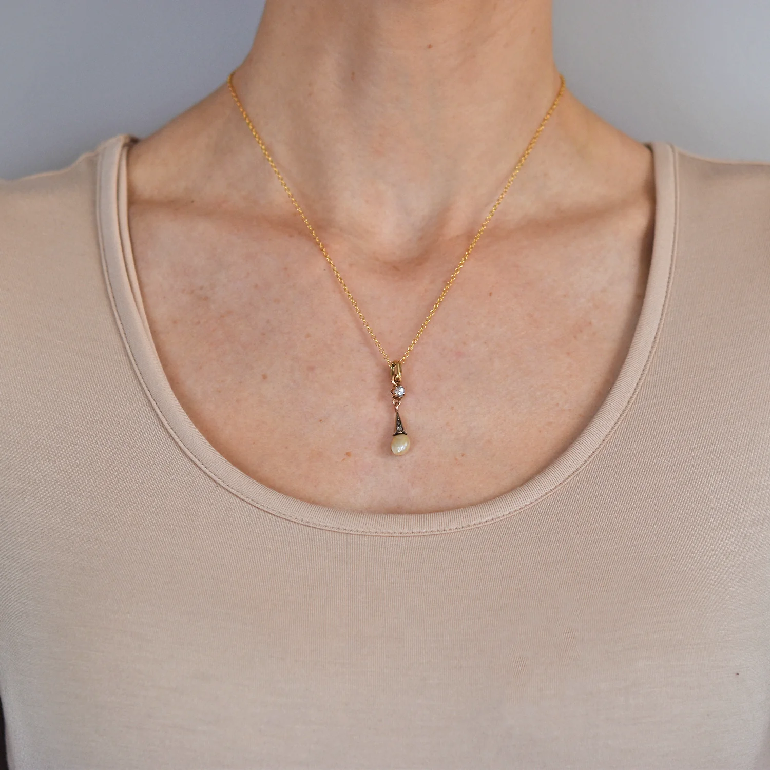 Victorian 14kt Rose Cut Diamond + Natural Pearl Pendant - Image 6