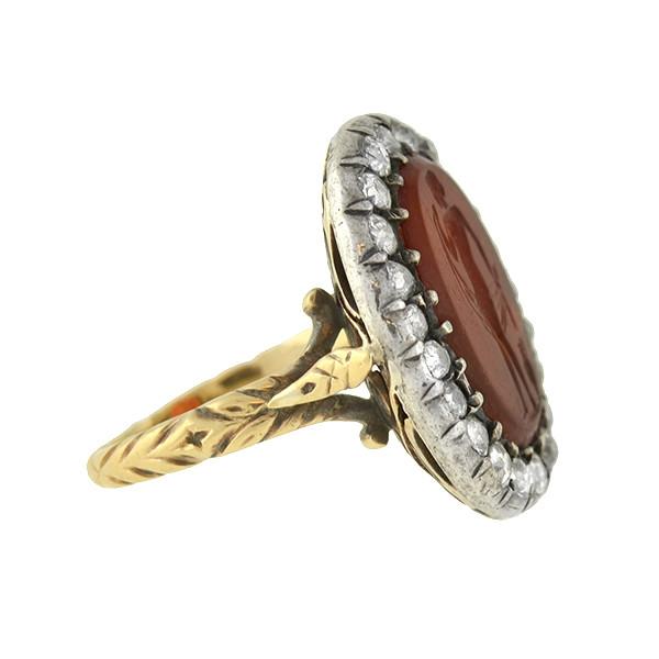 Victorian 14kt/Silver Carnelian Intaglio & Diamond Ring - Image 2