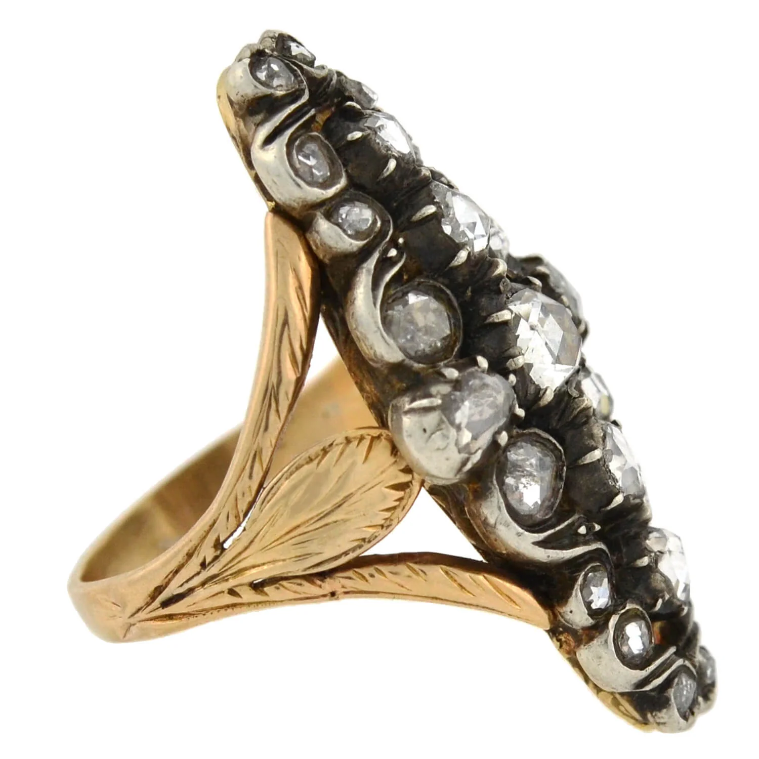 Victorian 14kt/Sterling Foil Backed Diamond Navette Ring 0.90ctw - Image 2
