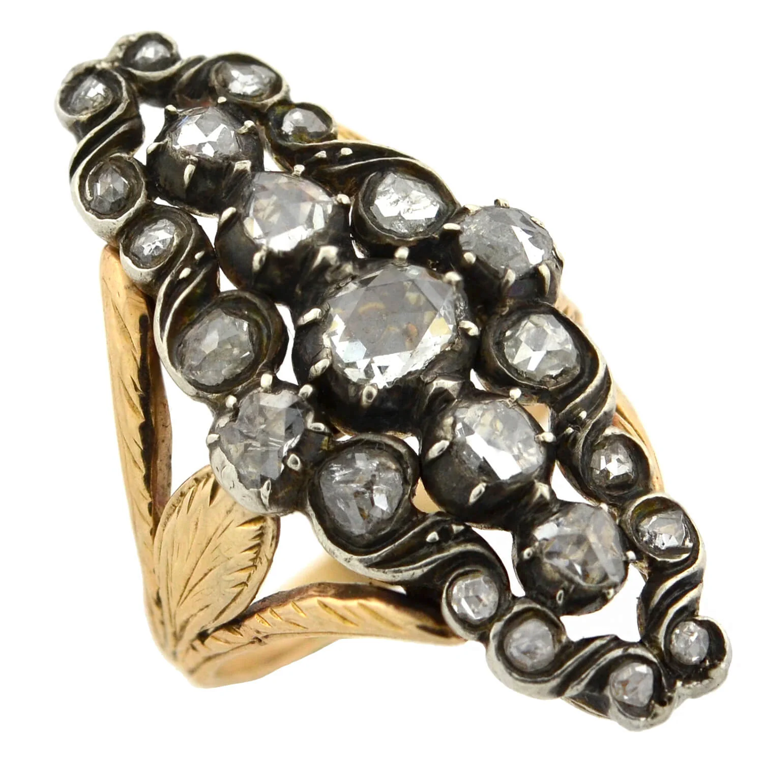 Victorian 14kt/Sterling Foil Backed Diamond Navette Ring 0.90ctw - Image 5