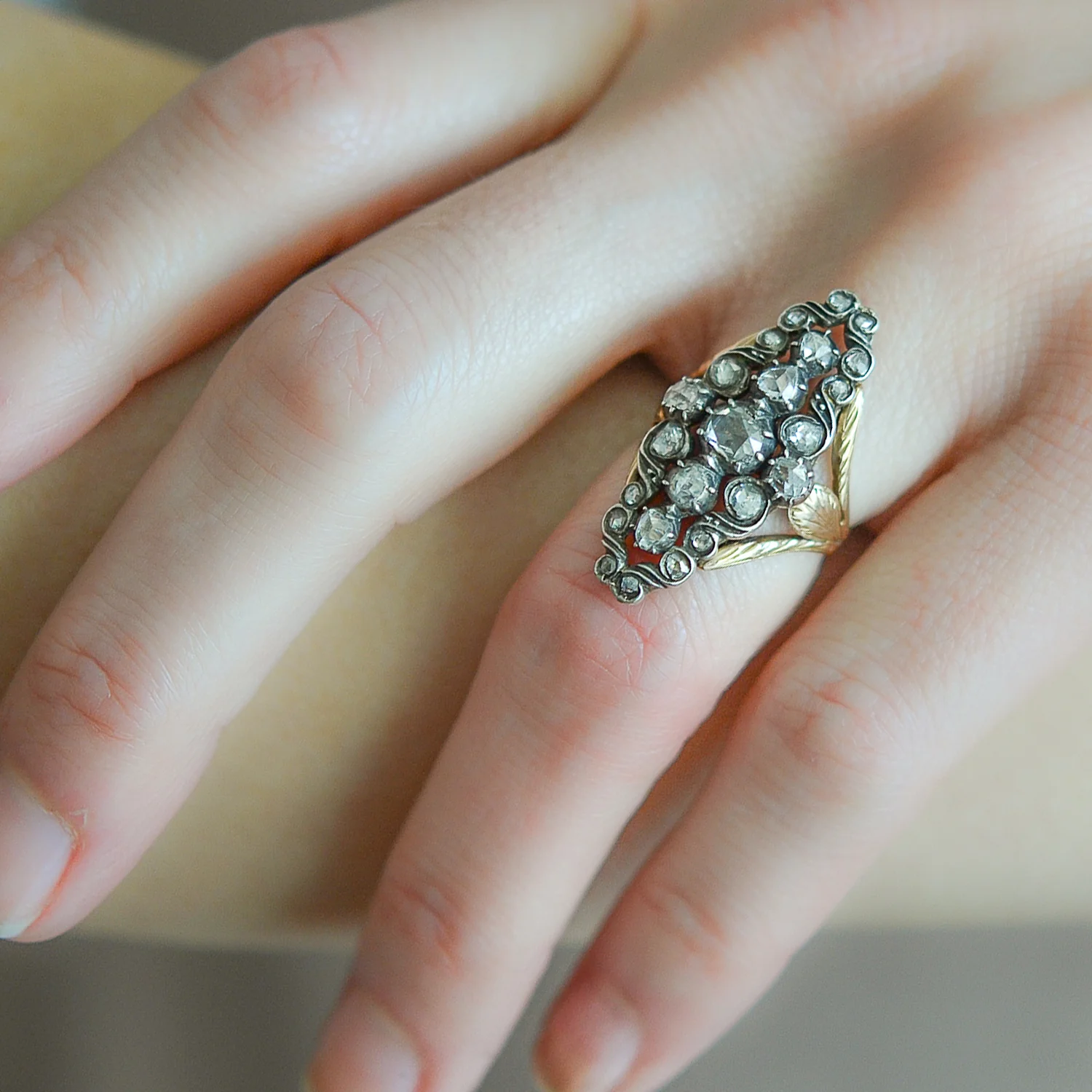 Victorian 14kt/Sterling Foil Backed Diamond Navette Ring 0.90ctw - Image 7