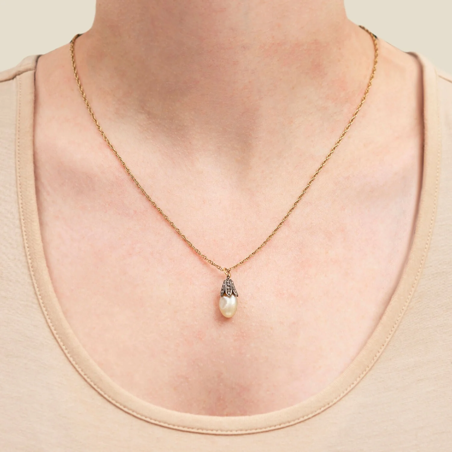 Victorian 14kt/Sterling Natural Pearl + Diamond Pendant Necklace - Image 6
