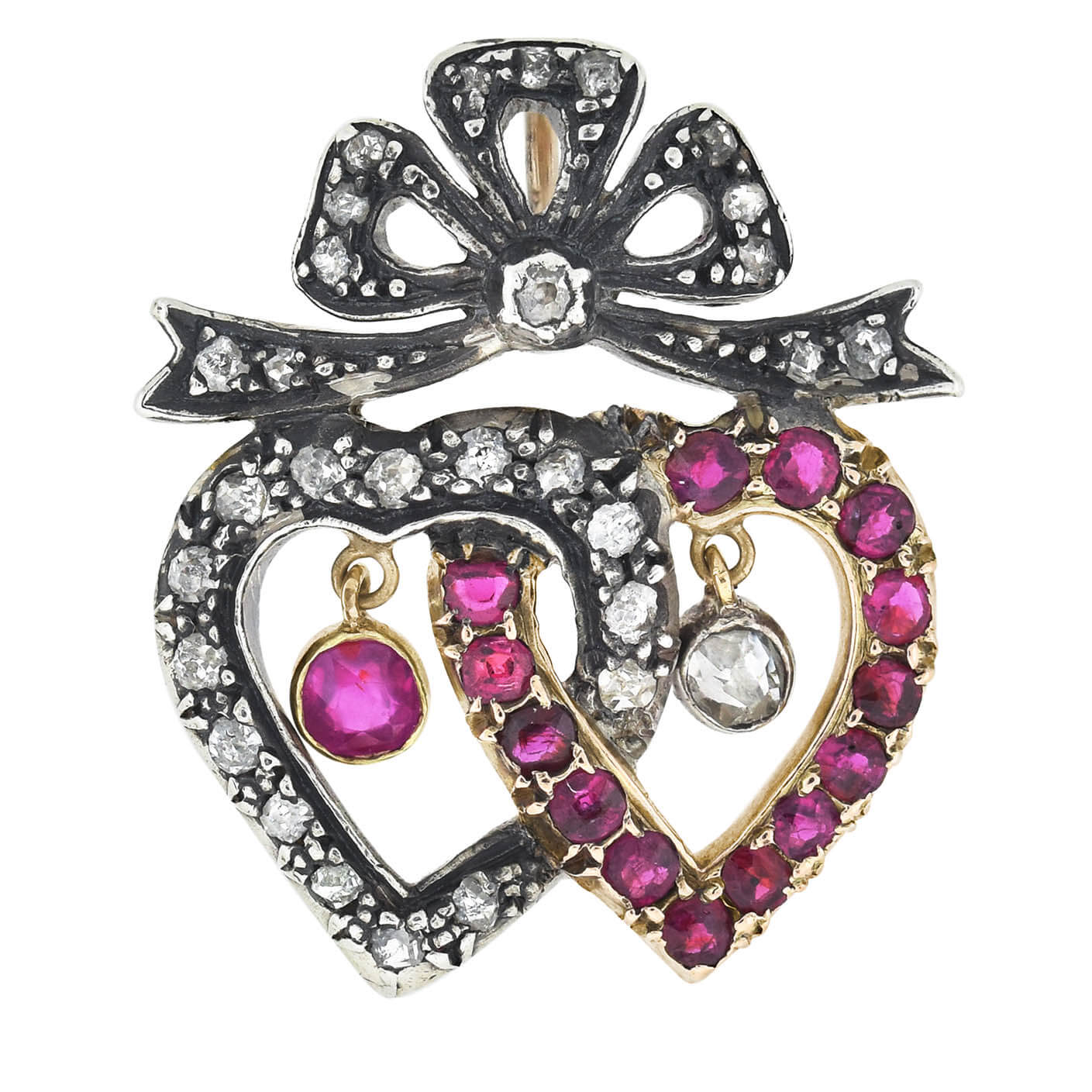 Victorian 14kt/Sterling Ruby + Diamond Double Heart Pendant - Image 4