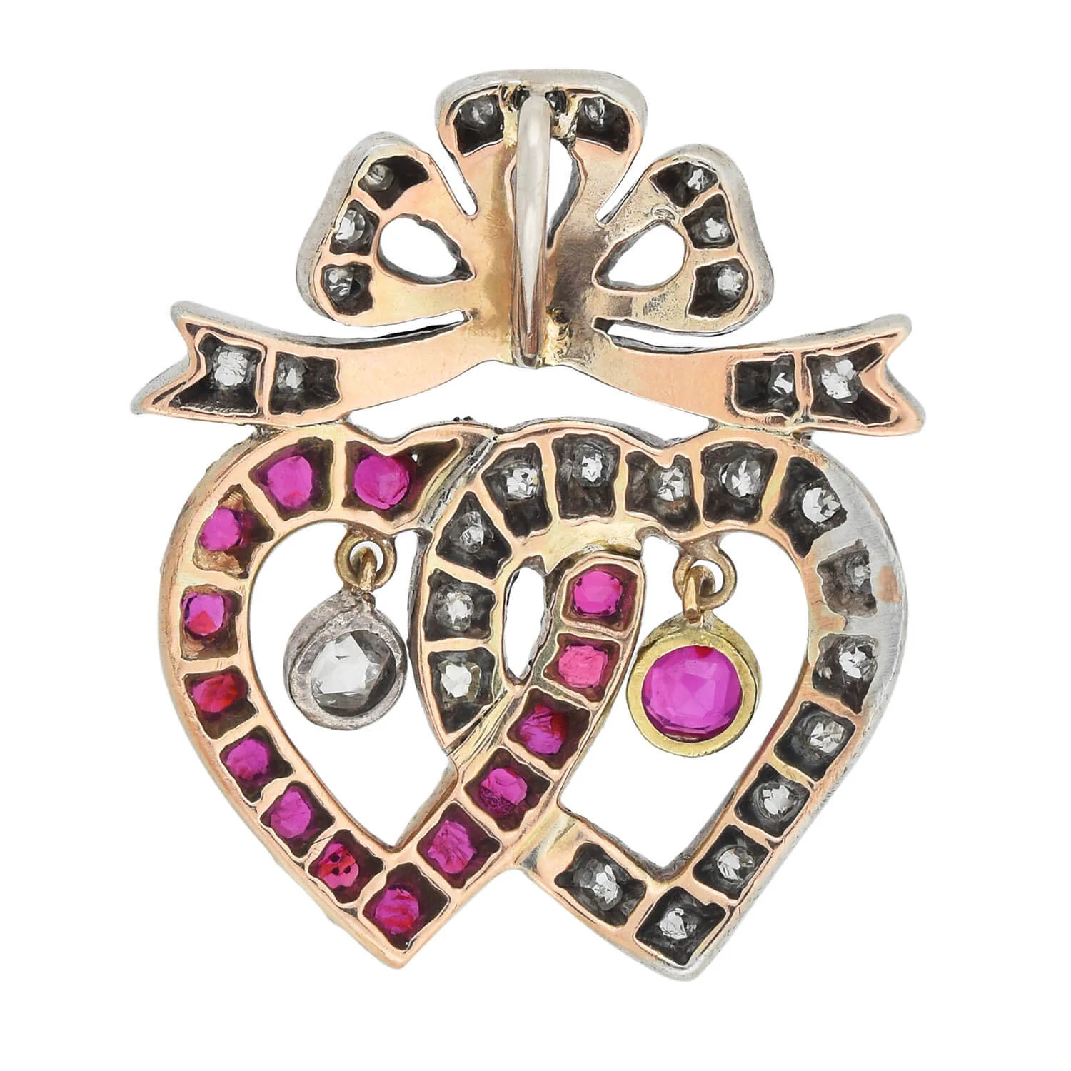 Victorian 14kt/Sterling Ruby + Diamond Double Heart Pendant - Image 5