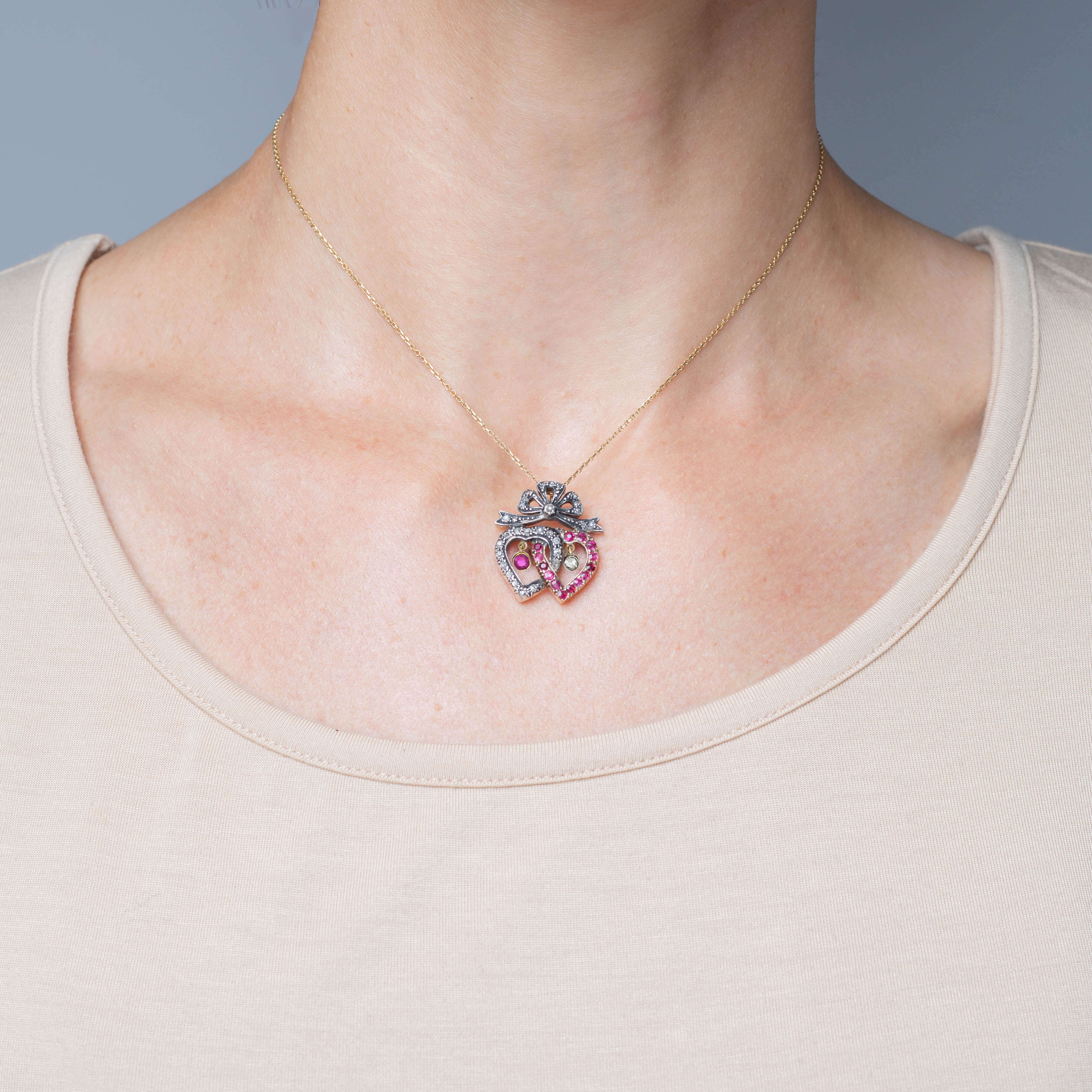 Victorian 14kt/Sterling Ruby + Diamond Double Heart Pendant - Image 6