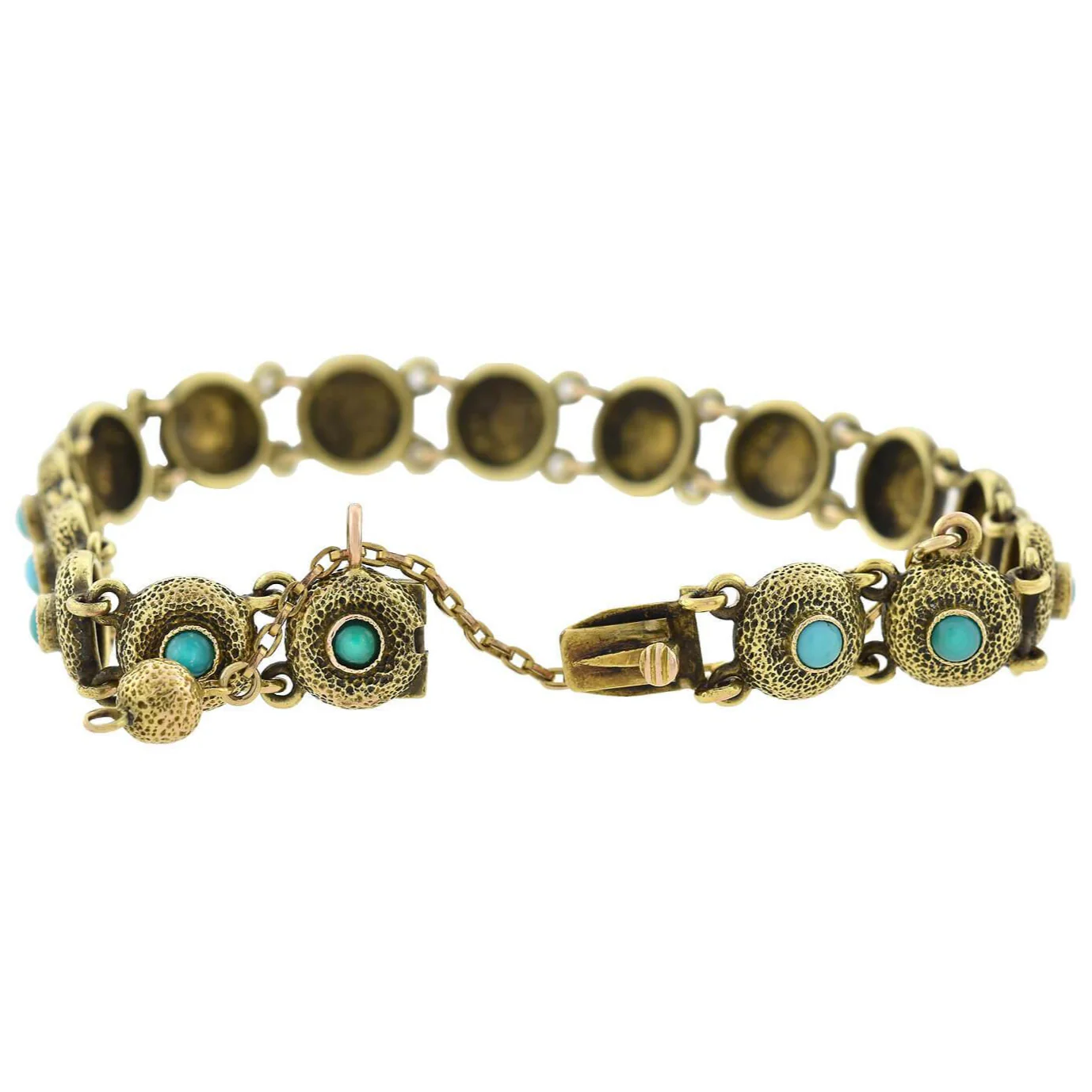 Victorian 14kt Turquoise Textured Button Link Bracelet - Image 3