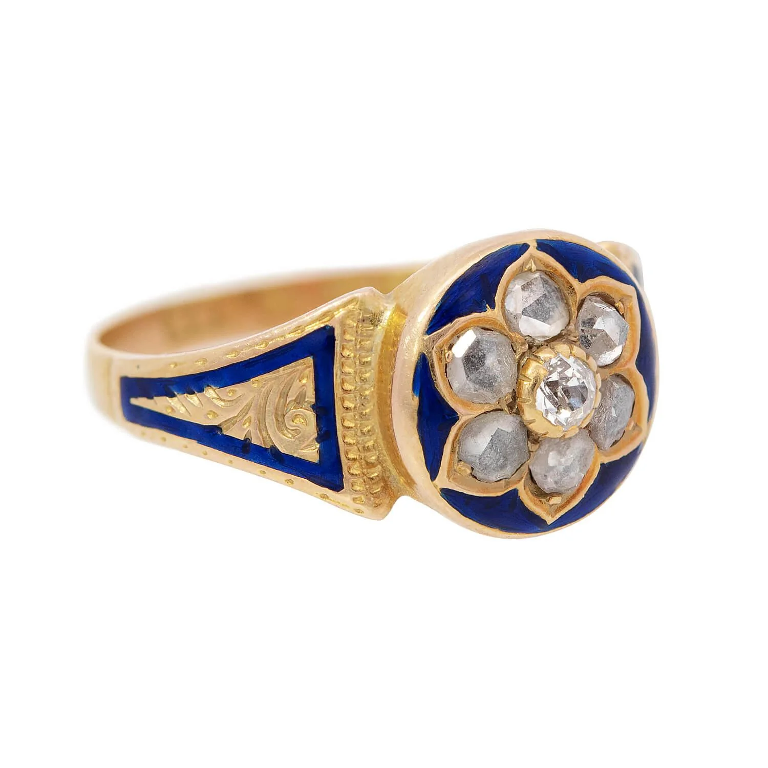 Victorian 15k Diamond and Enamel Floral Motif Ring - Image 2