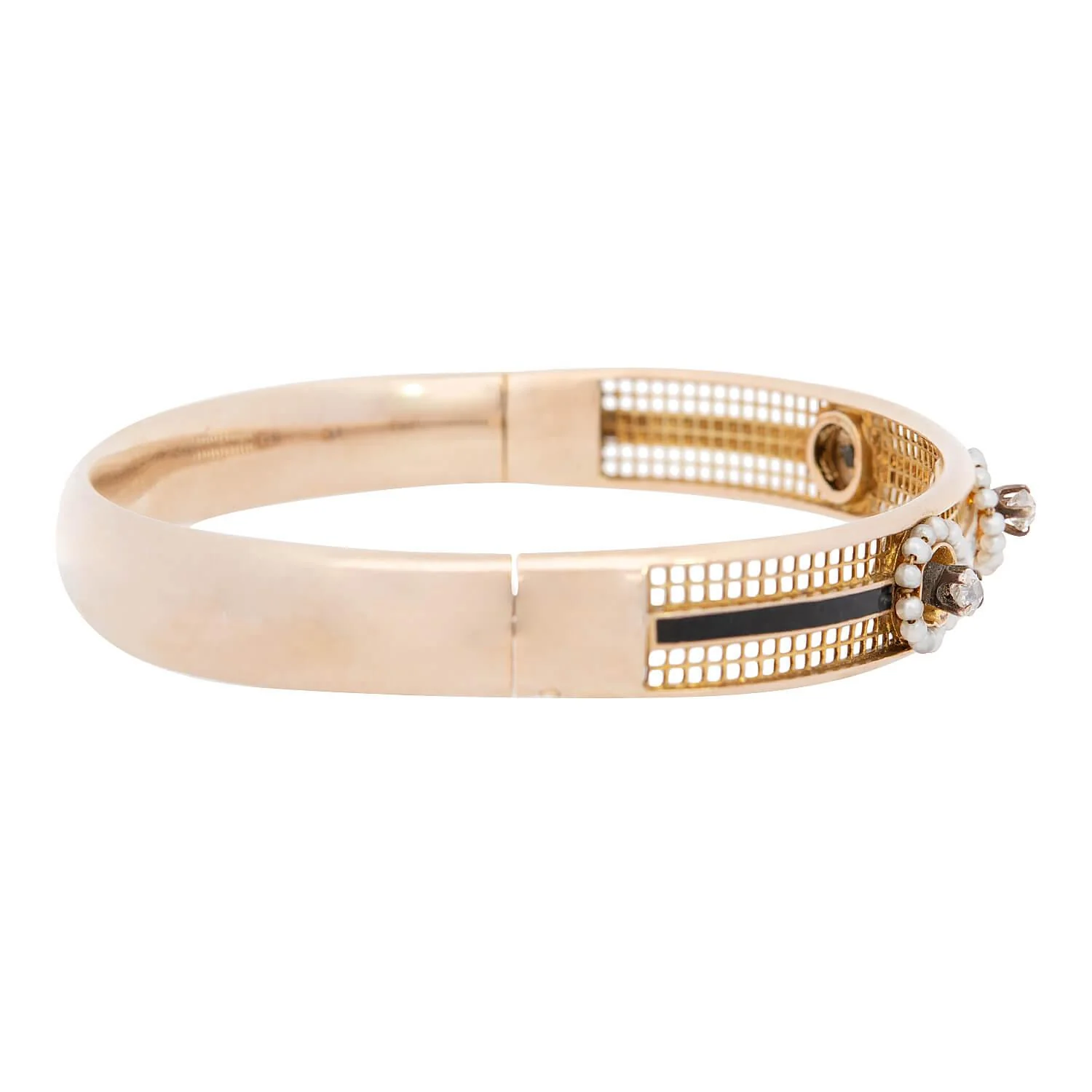 Victorian 15k Diamond, Pearl, and Enamel Bangle - Image 2