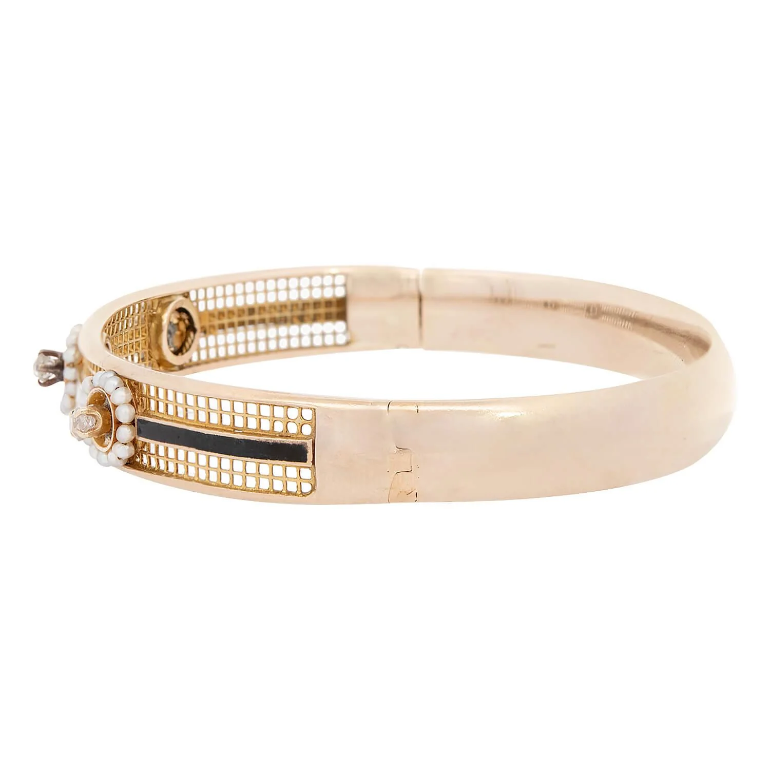 Victorian 15k Diamond, Pearl, and Enamel Bangle - Image 4