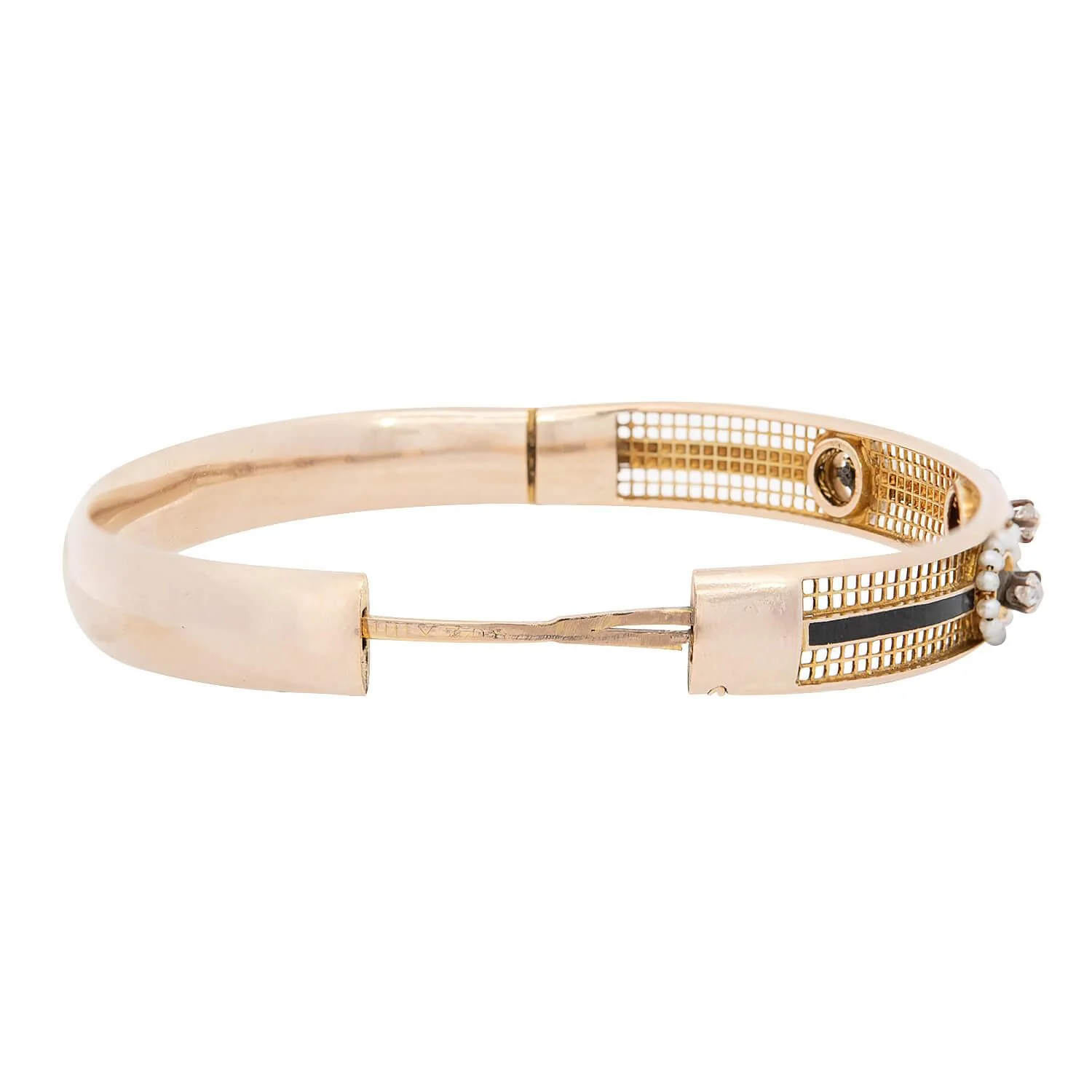 Victorian 15k Diamond, Pearl, and Enamel Bangle - Image 6