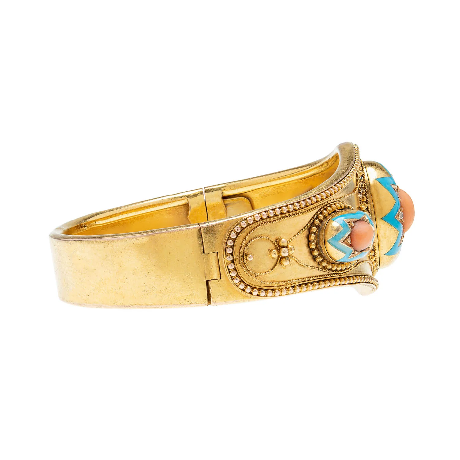 Victorian 15k Etruscan Coral, Diamond, & Enamel Starburst Motif Bracelet - Image 2