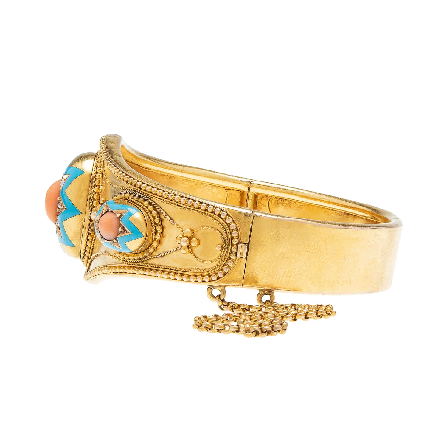Victorian 15k Etruscan Coral, Diamond, & Enamel Starburst Motif Bracelet - Image 4