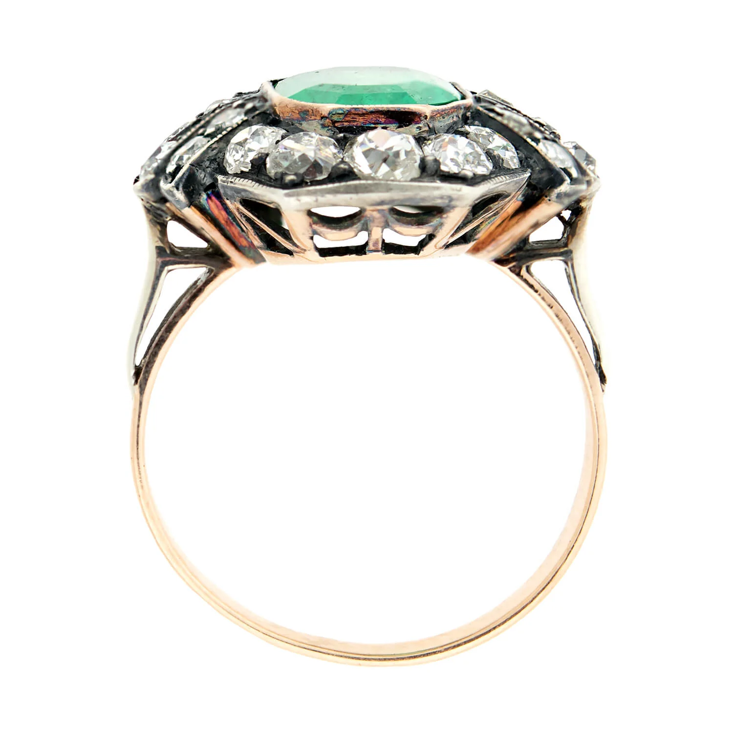 Victorian 15k + Sterling 3.50ctw Emerald + Diamond Cluster Ring - Image 3