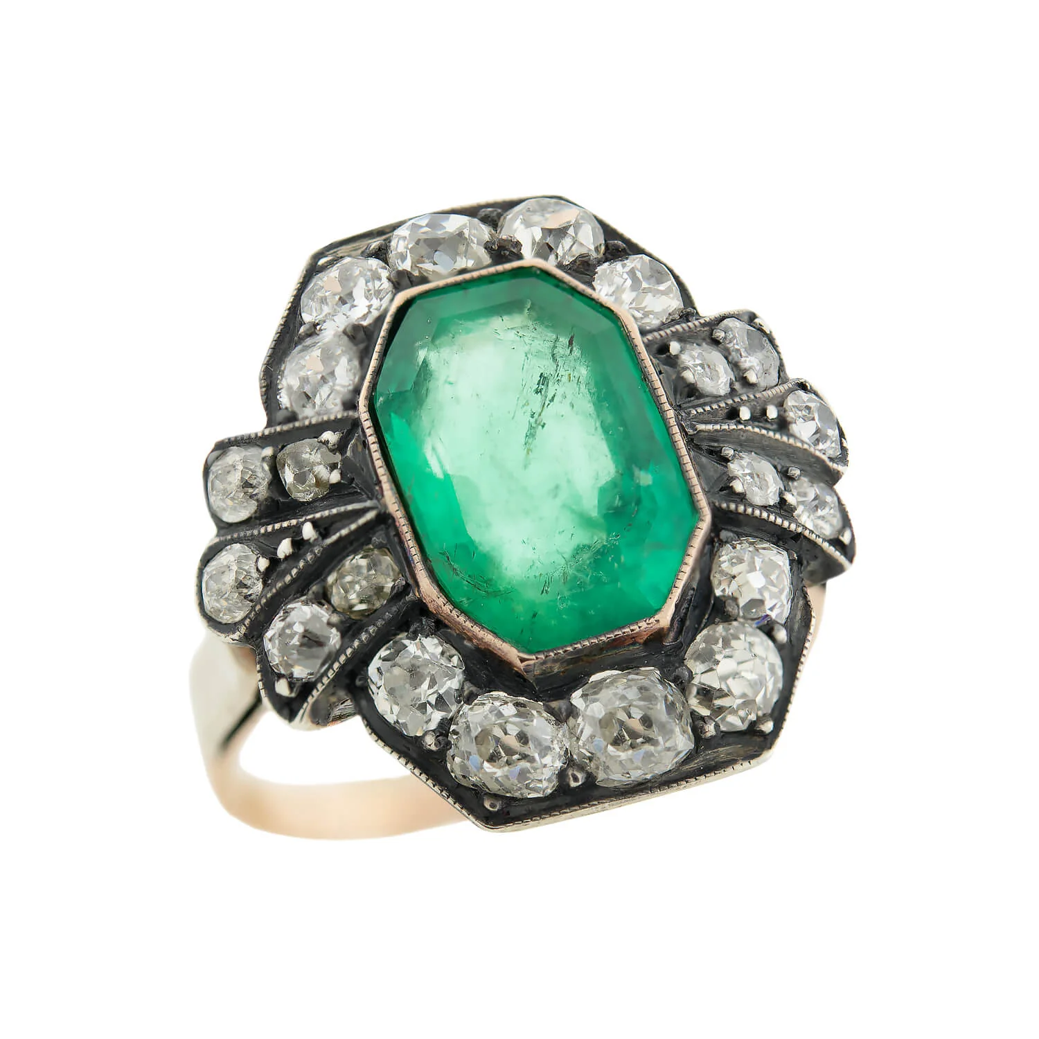 Victorian 15k + Sterling 3.50ctw Emerald + Diamond Cluster Ring - Image 4