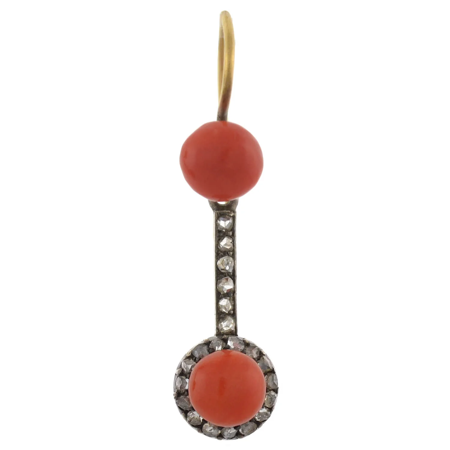 Victorian 15kt/Sterling Natural Coral + Rose Cut Diamond Earrings - Image 2