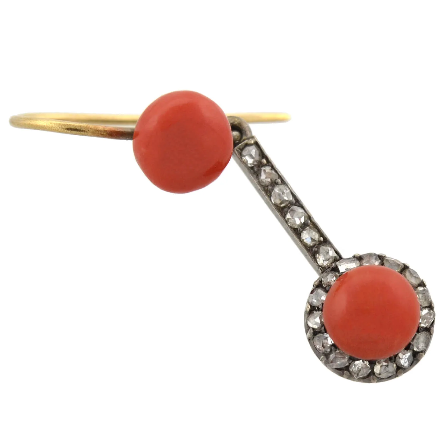Victorian 15kt/Sterling Natural Coral + Rose Cut Diamond Earrings - Image 4