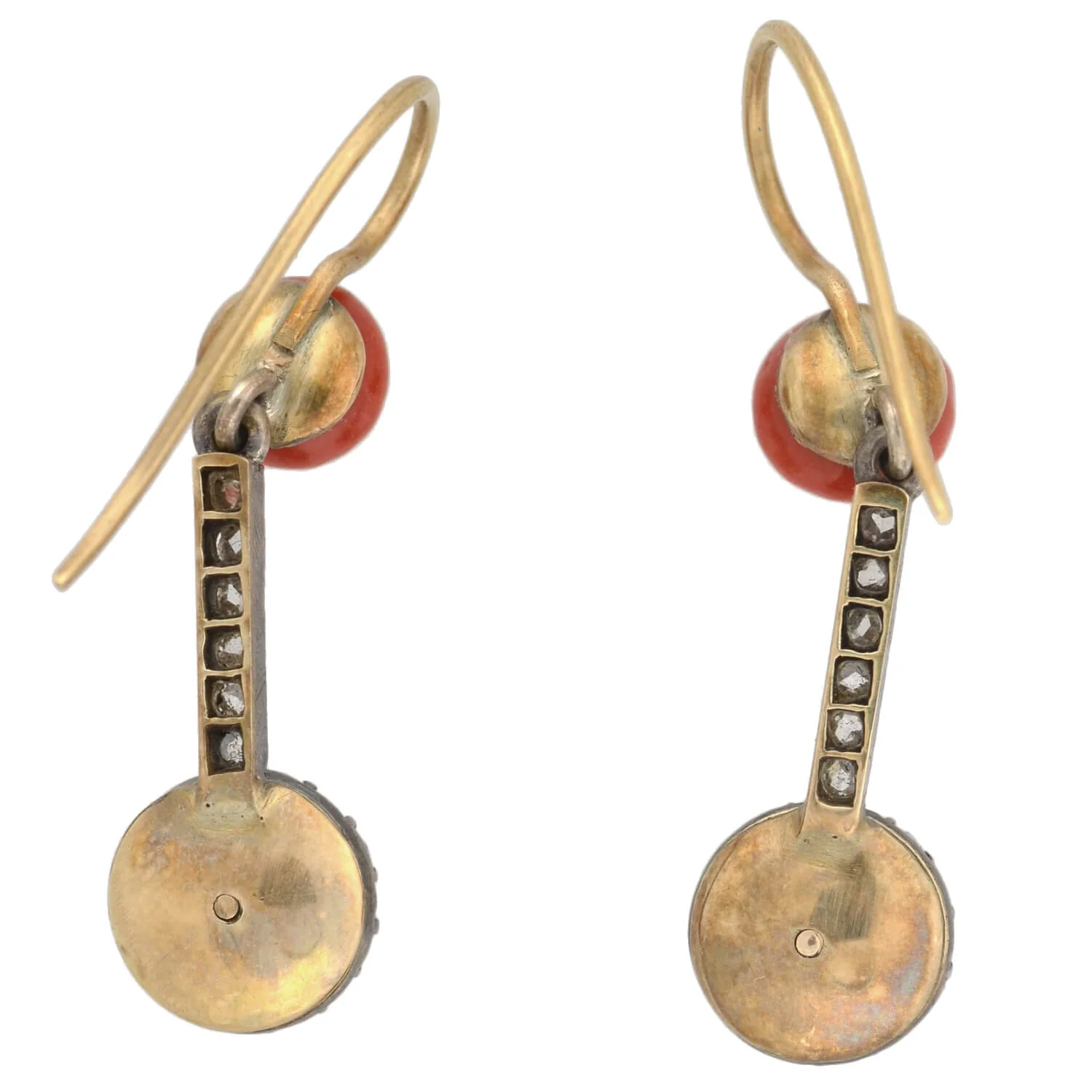 Victorian 15kt/Sterling Natural Coral + Rose Cut Diamond Earrings - Image 7