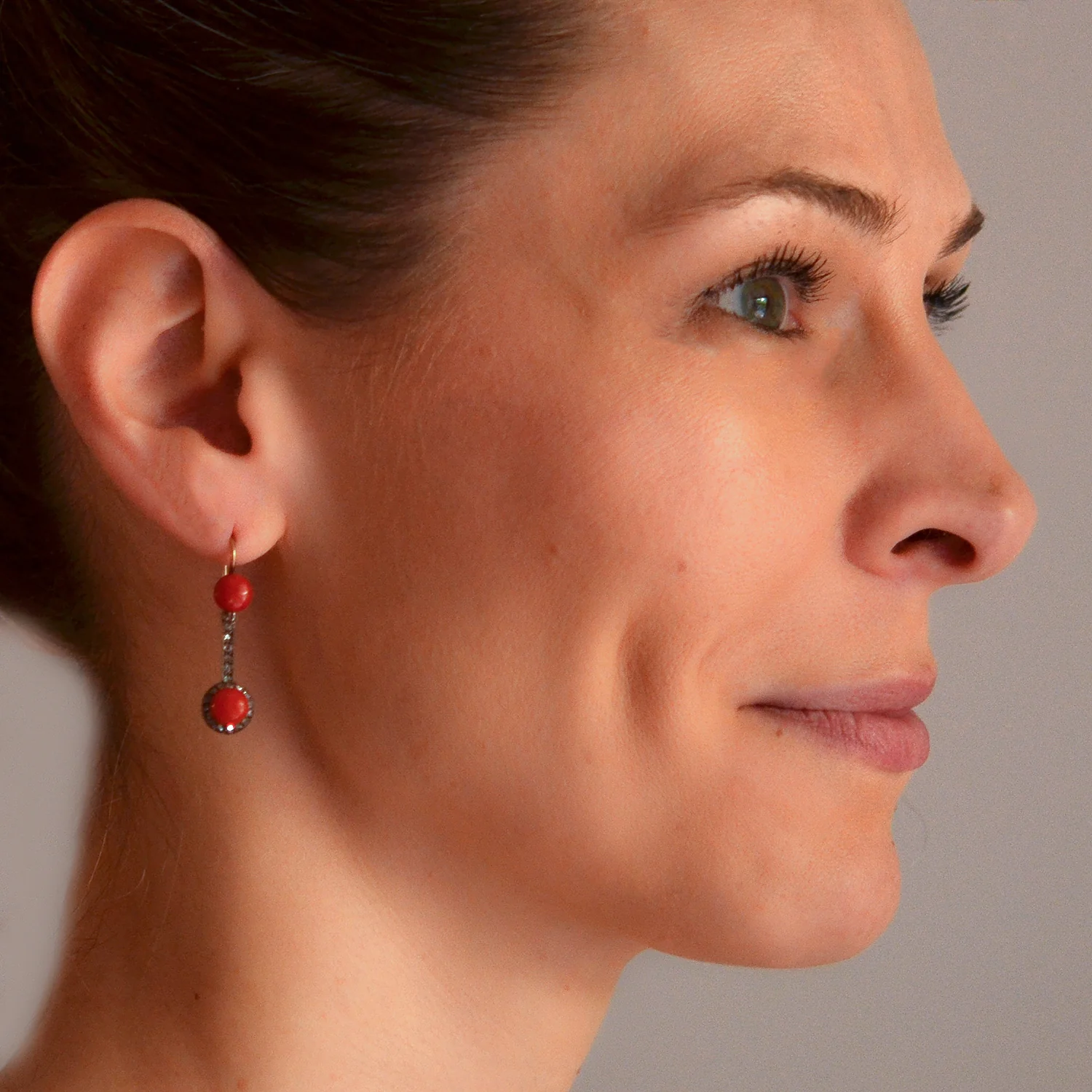 Victorian 15kt/Sterling Natural Coral + Rose Cut Diamond Earrings - Image 8