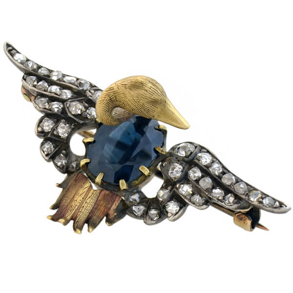 Victorian 15kt/Sterling Sapphire + Diamond Swan Pin - Image 2
