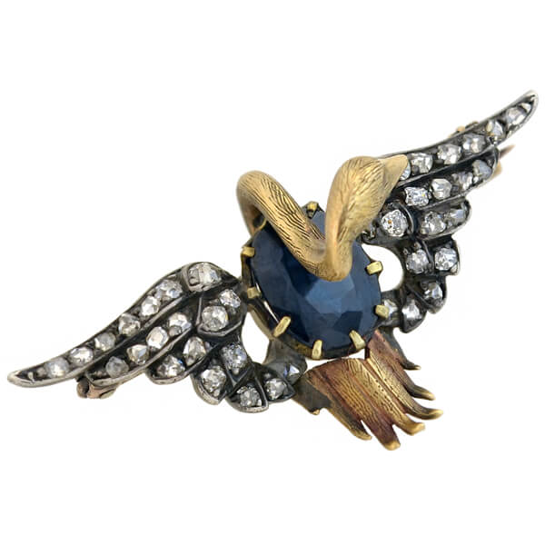 Victorian 15kt/Sterling Sapphire + Diamond Swan Pin - Image 3