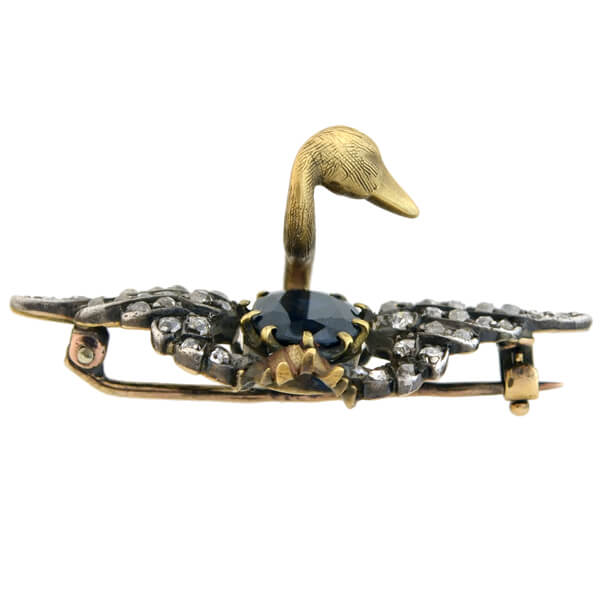 Victorian 15kt/Sterling Sapphire + Diamond Swan Pin - Image 4