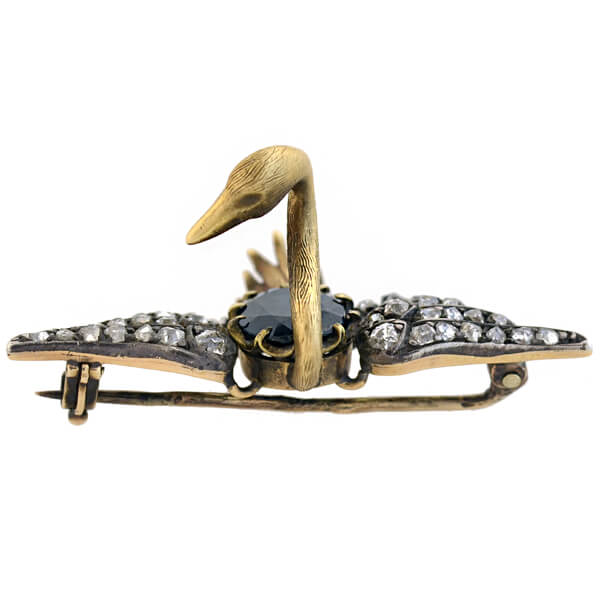Victorian 15kt/Sterling Sapphire + Diamond Swan Pin - Image 5