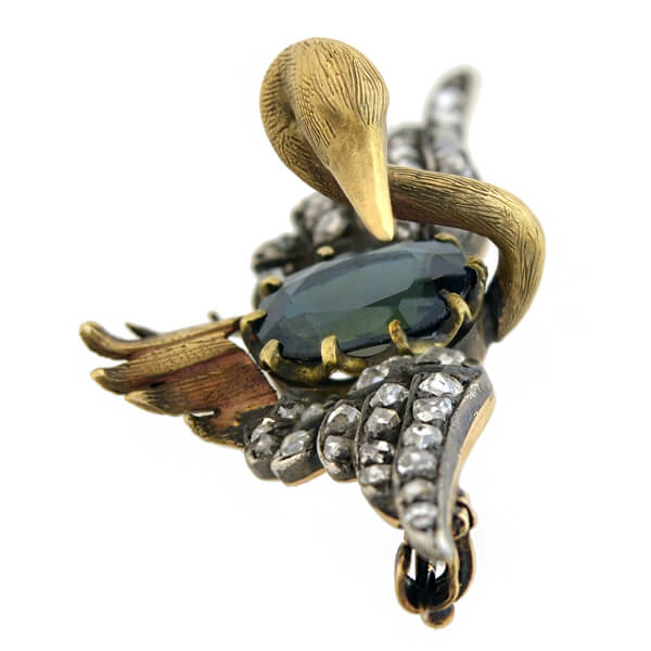 Victorian 15kt/Sterling Sapphire + Diamond Swan Pin - Image 6