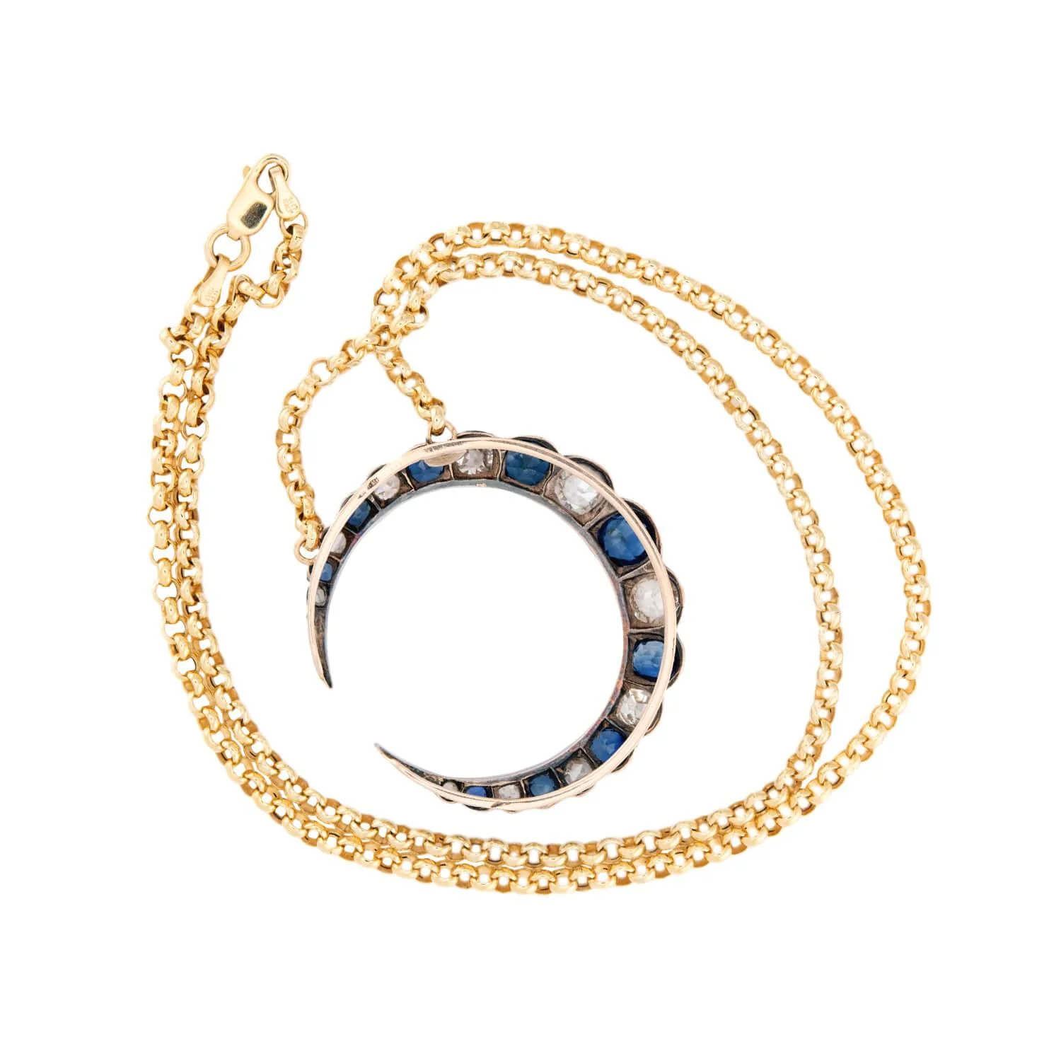 Victorian 18k/Sterling No Heat Sapphire & Diamond Crescent Pendant Necklace - Image 4