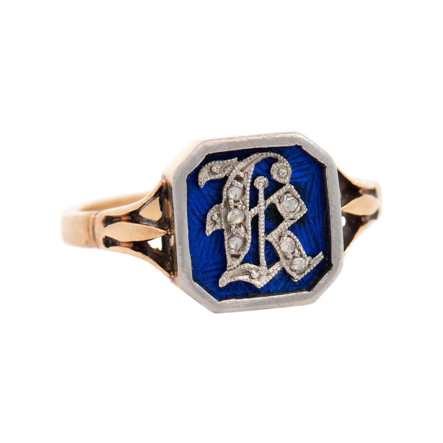 Victorian 18k Diamond and Enamel "R" Ring - Image 2