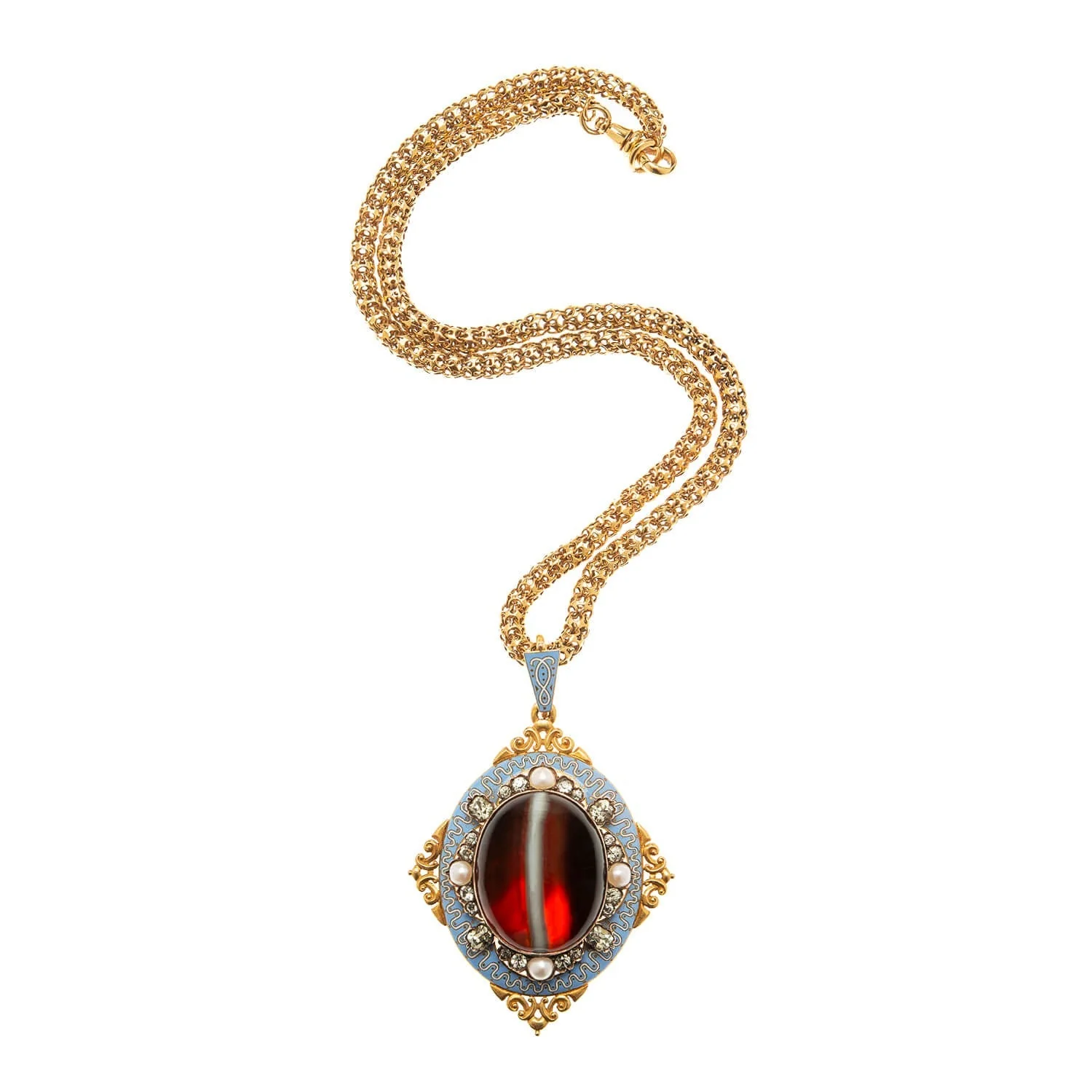 Victorian 18k Enameled Banded Agate Pendant with Chrysoberyl & Pearls - Image 2