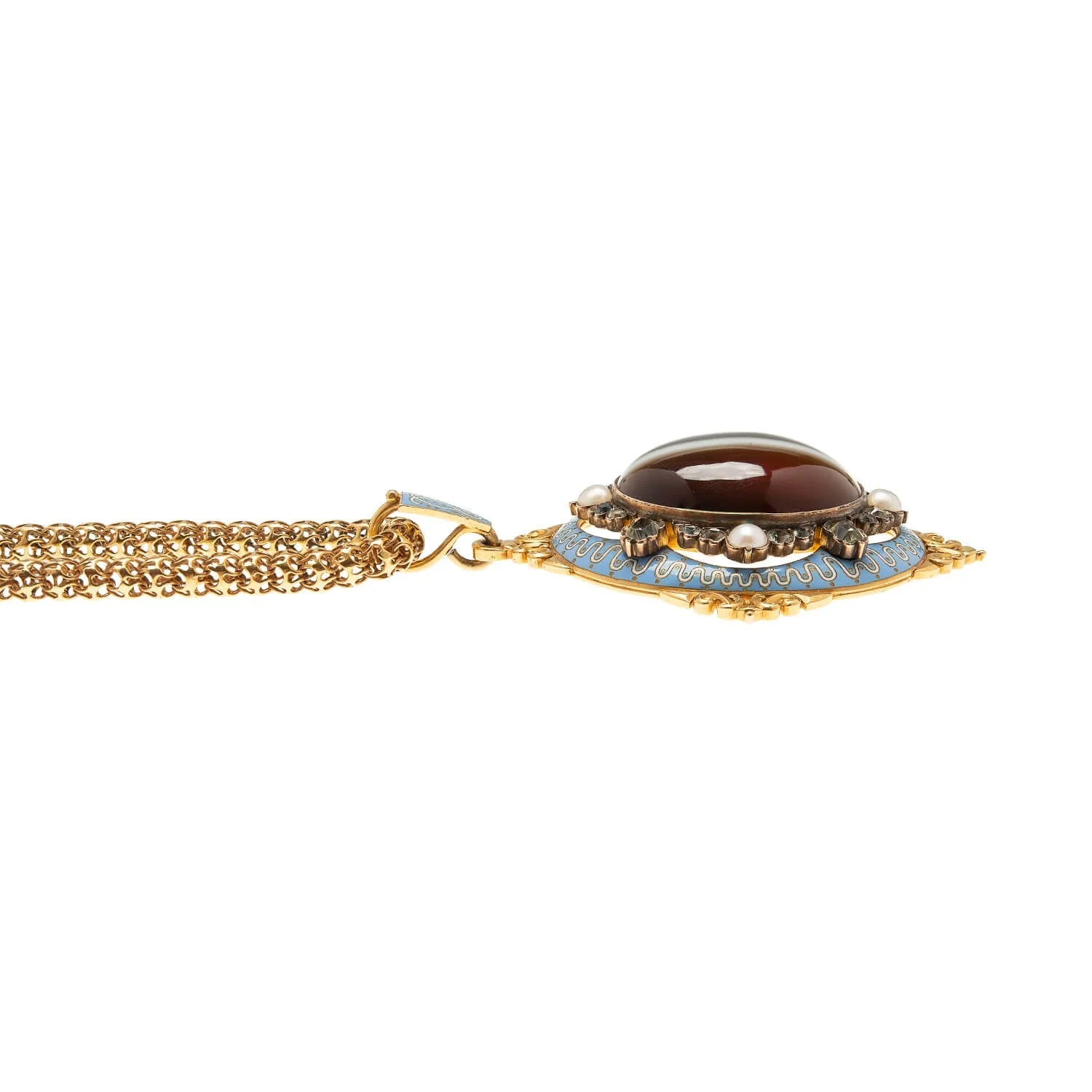 Victorian 18k Enameled Banded Agate Pendant with Chrysoberyl & Pearls - Image 3