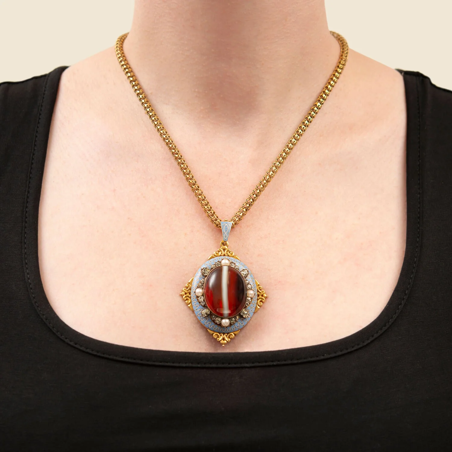 Victorian 18k Enameled Banded Agate Pendant with Chrysoberyl & Pearls - Image 7